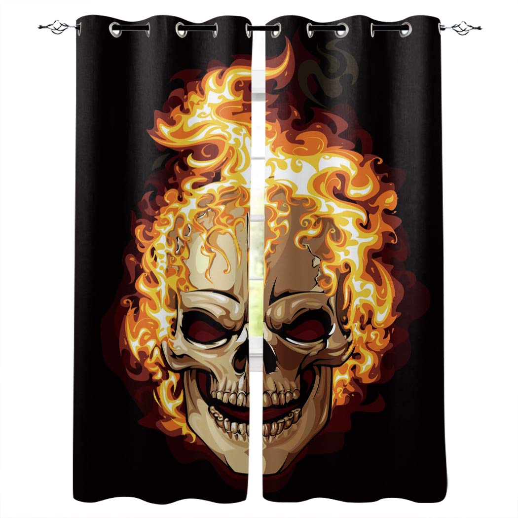 Fire Skeleton Skull Window Curtains - Set of 2 Panels 27.5x39 Inches - Blackout Drapes for Bedroom, Living Room & Kitchen Decor - Gothic Home Window Treatments for Halloween & Horror Theme Rooms