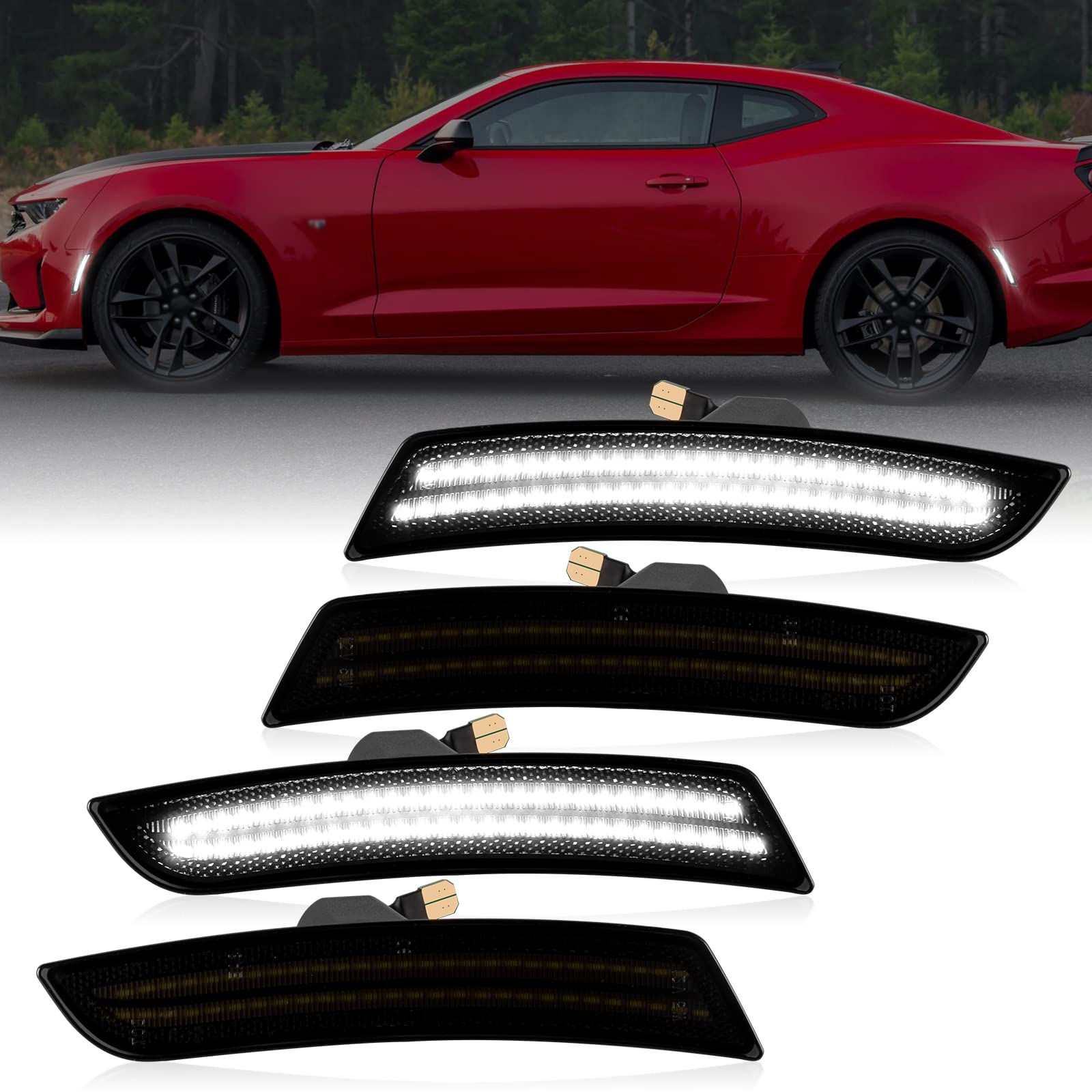 2016-2023 Chevy Camaro LED Side Marker Lights - Smoked Lens White Reflectors (4PCS) - Front Rear Bumper Fender Marker Lamps for Enhanced Visibility & Style | Perfect for Night Driving & Car Customization