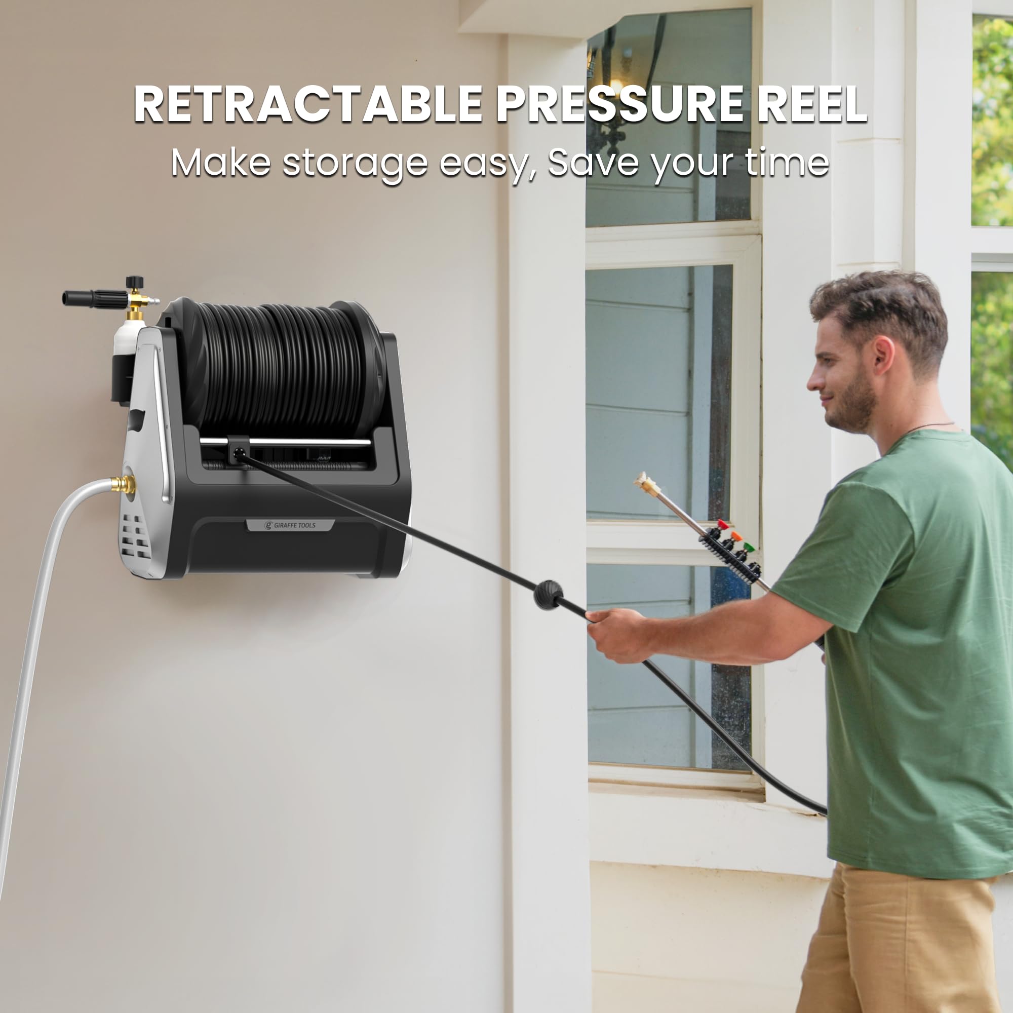Giraffe Tools Grandfalls 2900 PSI Electric Pressure Washer - 2.2 GPM Wall Mounted Power Washer with 100ft Retractable Hose, Foam Cannon & 4 Nozzles - Perfect for Car Washing, Driveway Cleaning, Patio & Home Exterior Maintenance (Light Silver)