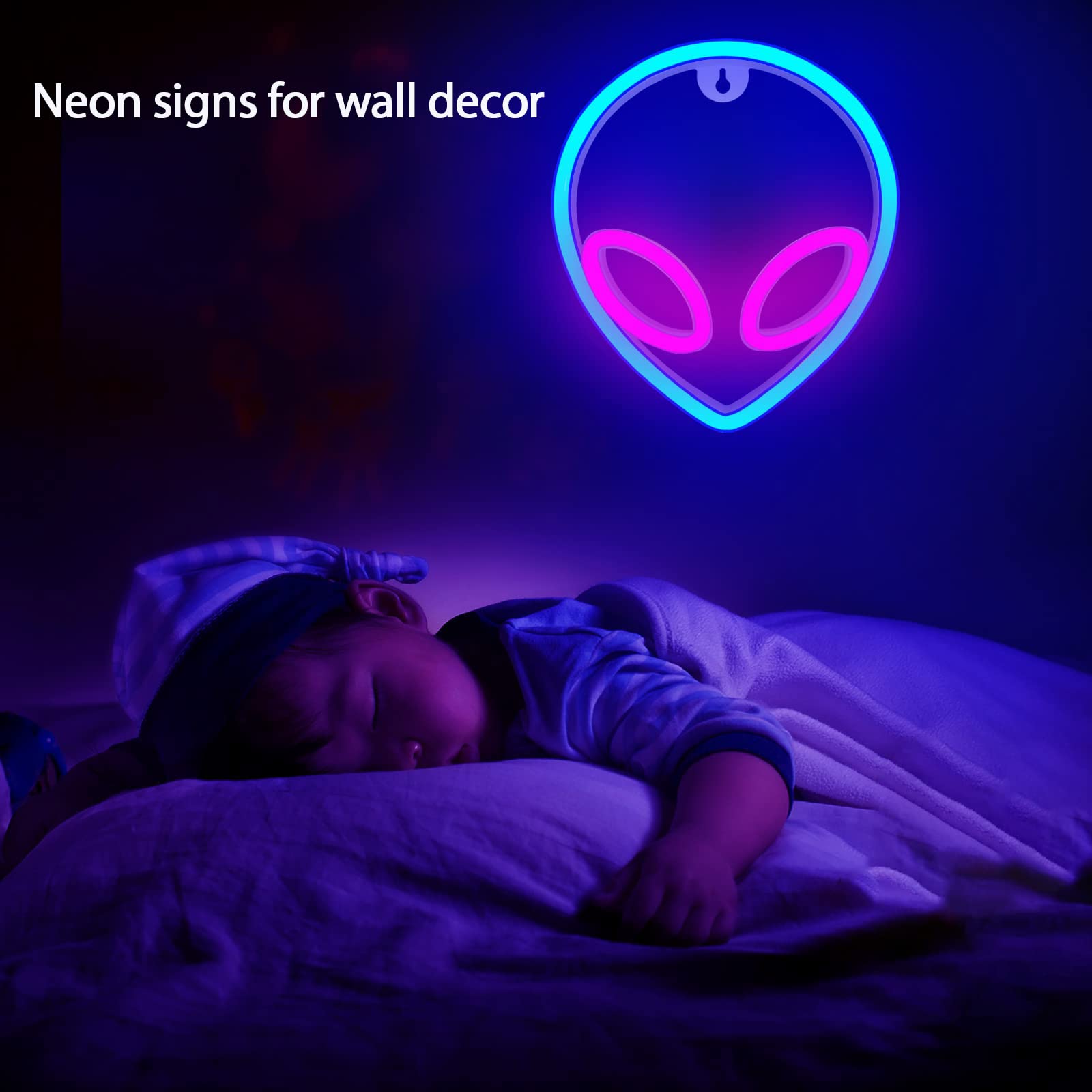 Alien Neon Wall Sign - USB/Battery Powered LED Neon Light with On/Off Switch - Pink & Blue Glow for Home Decor, Kids Room, Children's Day Gift - Perfect for Bedroom, Game Room, and Party Decoration