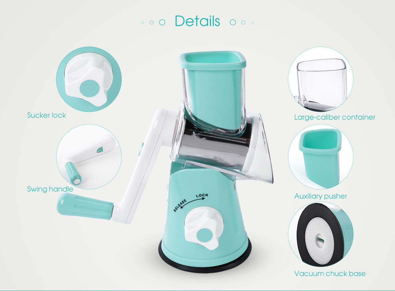 Premium Rotary Cheese Grater - Stainless Steel Vegetable Slicer for Potato, Carrot & Nuts - Includes Cleaning Brush - Blue Kitchen Mandoline - Perfect for Salads, Pasta & Meal Prep
