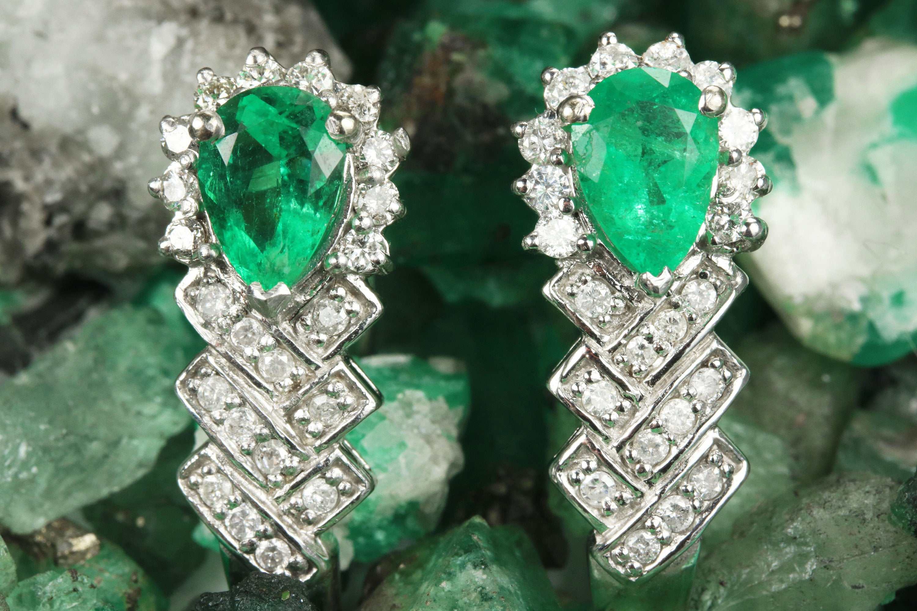 3.15tcw Tear Drop Colombian Emerald & Diamond Omega Earrings in 14K Gold - Elegant Dangle Earrings for Women, Perfect for Weddings, Parties & Special Occasions