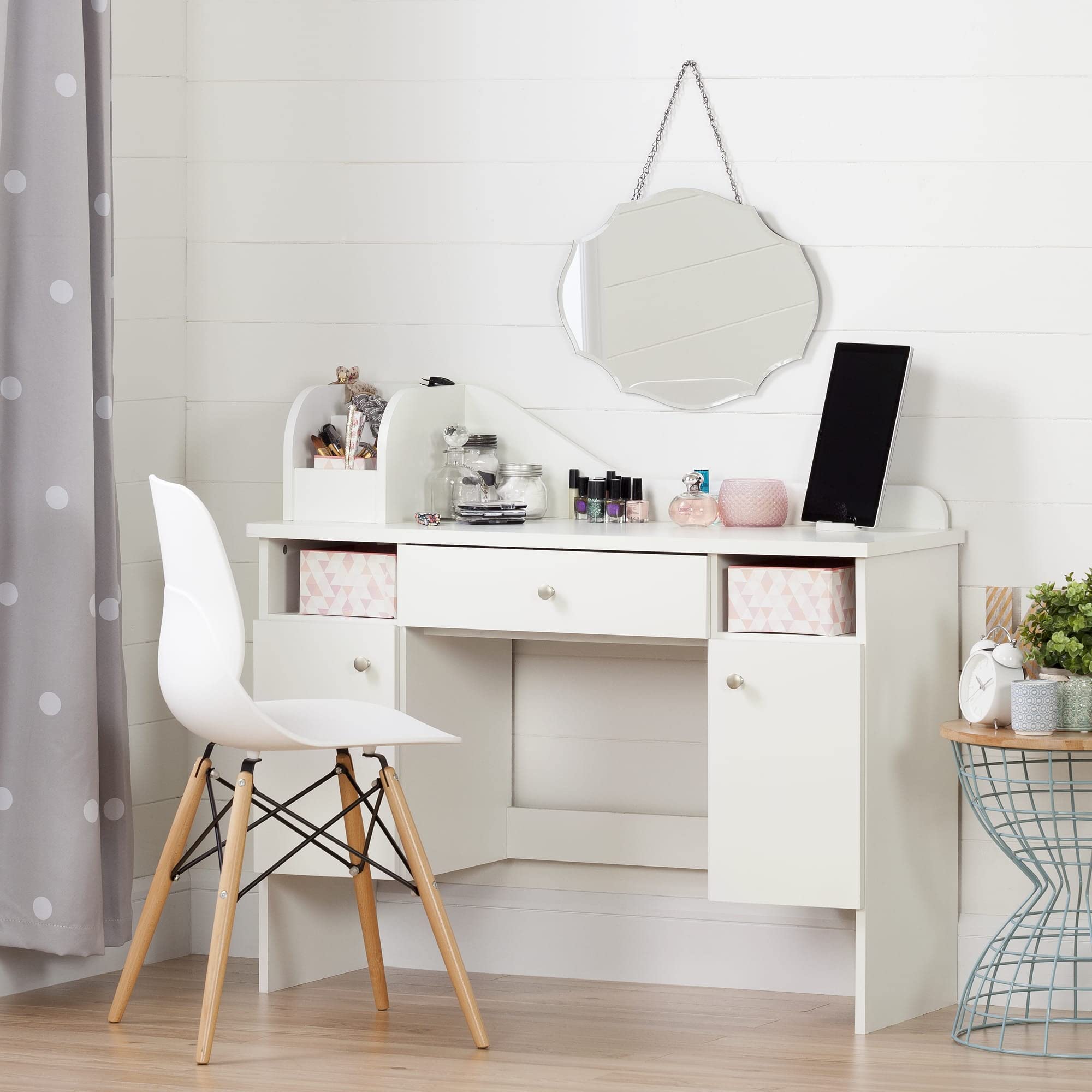 South Shore Makeup Vanity Dressing Table with 2 Doors & Storage Baskets, Pure White - Perfect for Bedroom, Bathroom & Beauty Salon Organization