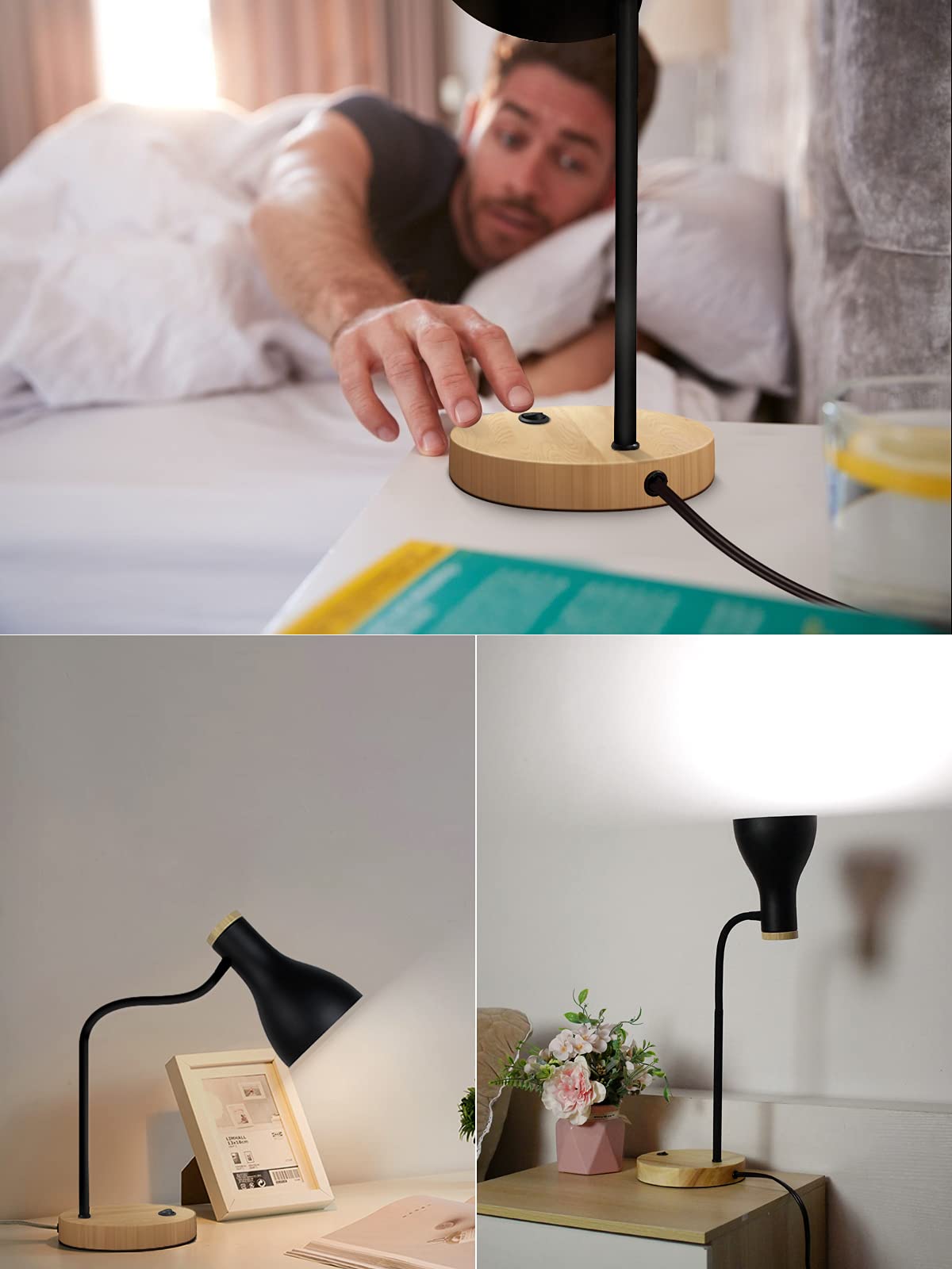 Adjustable Metal Arc Desk Lamp with Wood Base - Flexible Gooseneck Reading Light for Bedroom, Study Room & Office - Perfect for Night Reading, Working & Home Decor (Wood Base+Black)