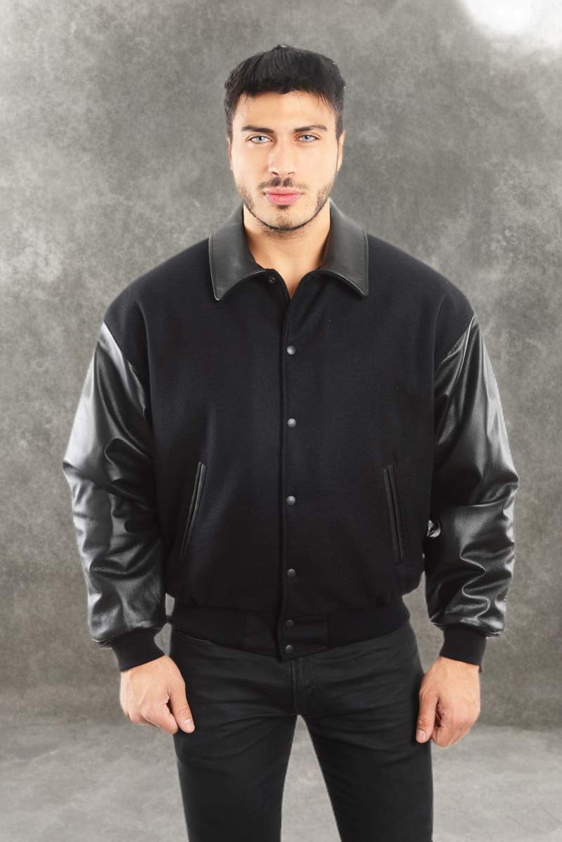 Premium REED Men's Varsity Jacket - Genuine Leather & Wool Blend - Made in USA - Classic Bomber Style for Casual Wear & College Sports