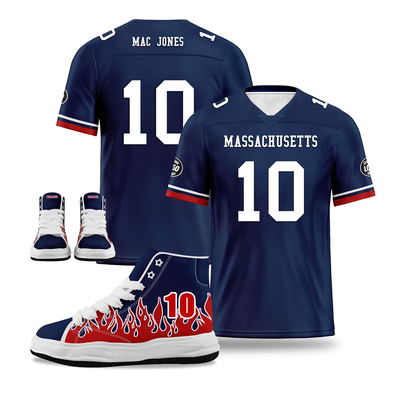 Custom New England Patriots Football Jersey & Firesoul Sports Shoes Combo - Personalized Blue & Red NFL Jersey with Athletic Shoes for Men | Perfect for Game Day, Tailgating, and Football Training Sessions