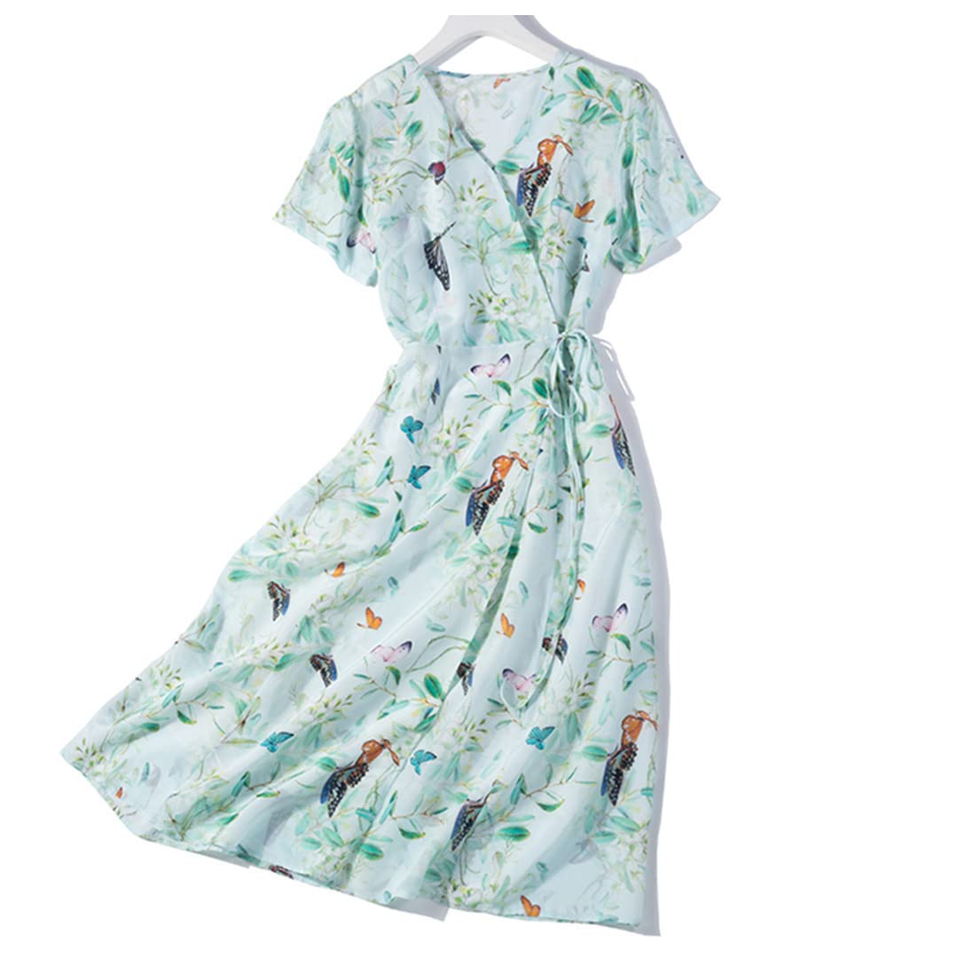 Silk Short Sleeve Wrap Dress with Ink Floral Print - Women's Spring Summer Flowy Dress for Casual Wear, Date Night & Beach Vacation