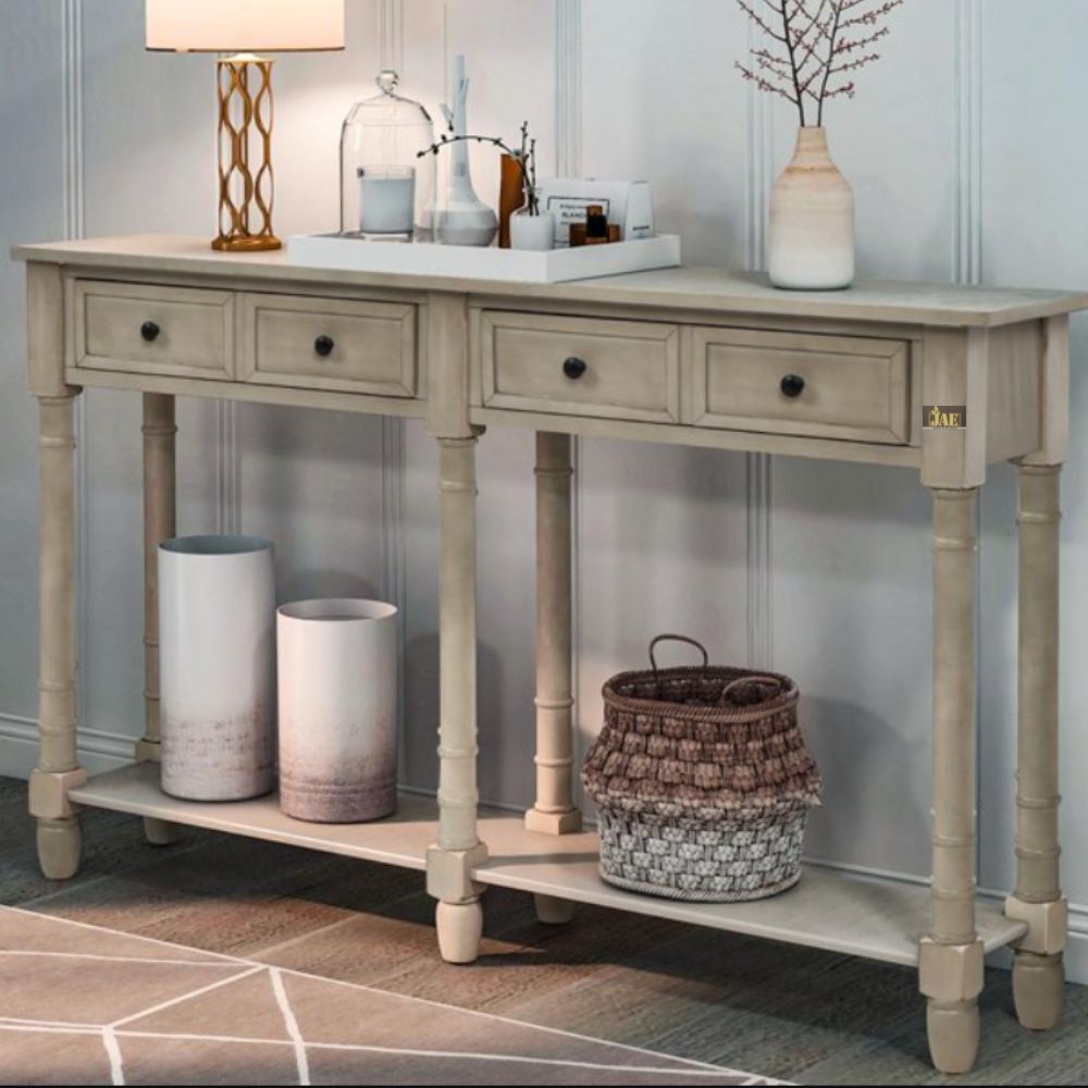 French Provincial Style Grey Wooden Pillor Console Table - Elegant Entryway, Living Room, or Hallway Decor for Home & Office