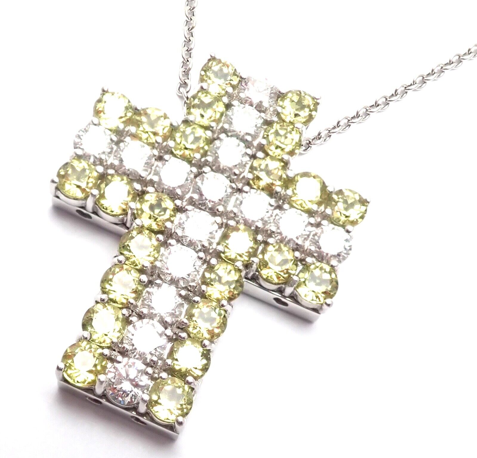 Authentic Pasquale Bruni 18k White Gold Diamond Peridot Cross Pendant Necklace - Elegant Religious Jewelry for Women, Perfect for Weddings, Baptisms & Special Occasions