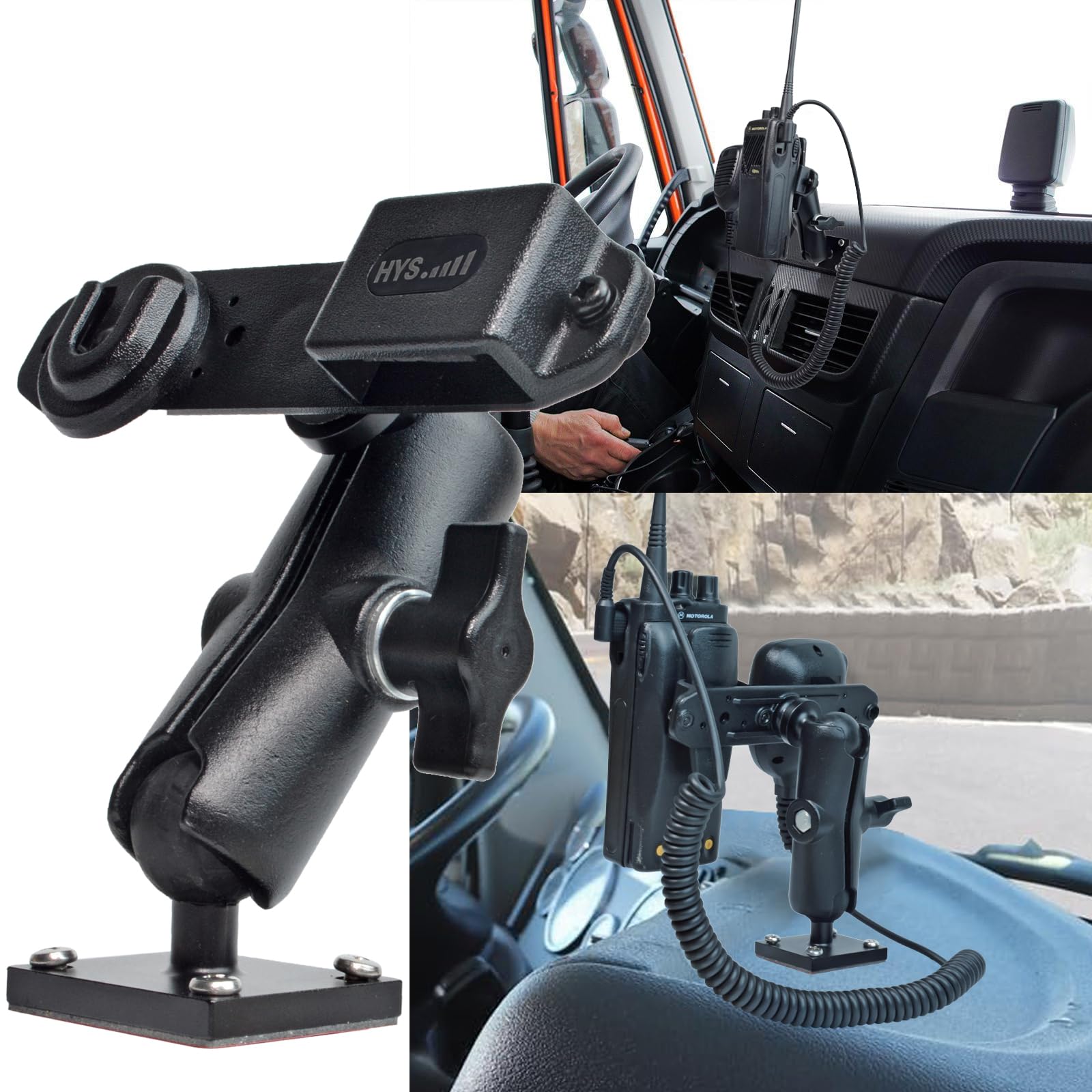 HYS Heavy Duty Drill Base Tablet Holder Mount for Trucks & Vehicles - Aluminum Arm Stand for HT Radios (Motorola SL300, APX6000, APX8000) & CB Radio Mics - Perfect for Police, Construction & Fleet Management Use