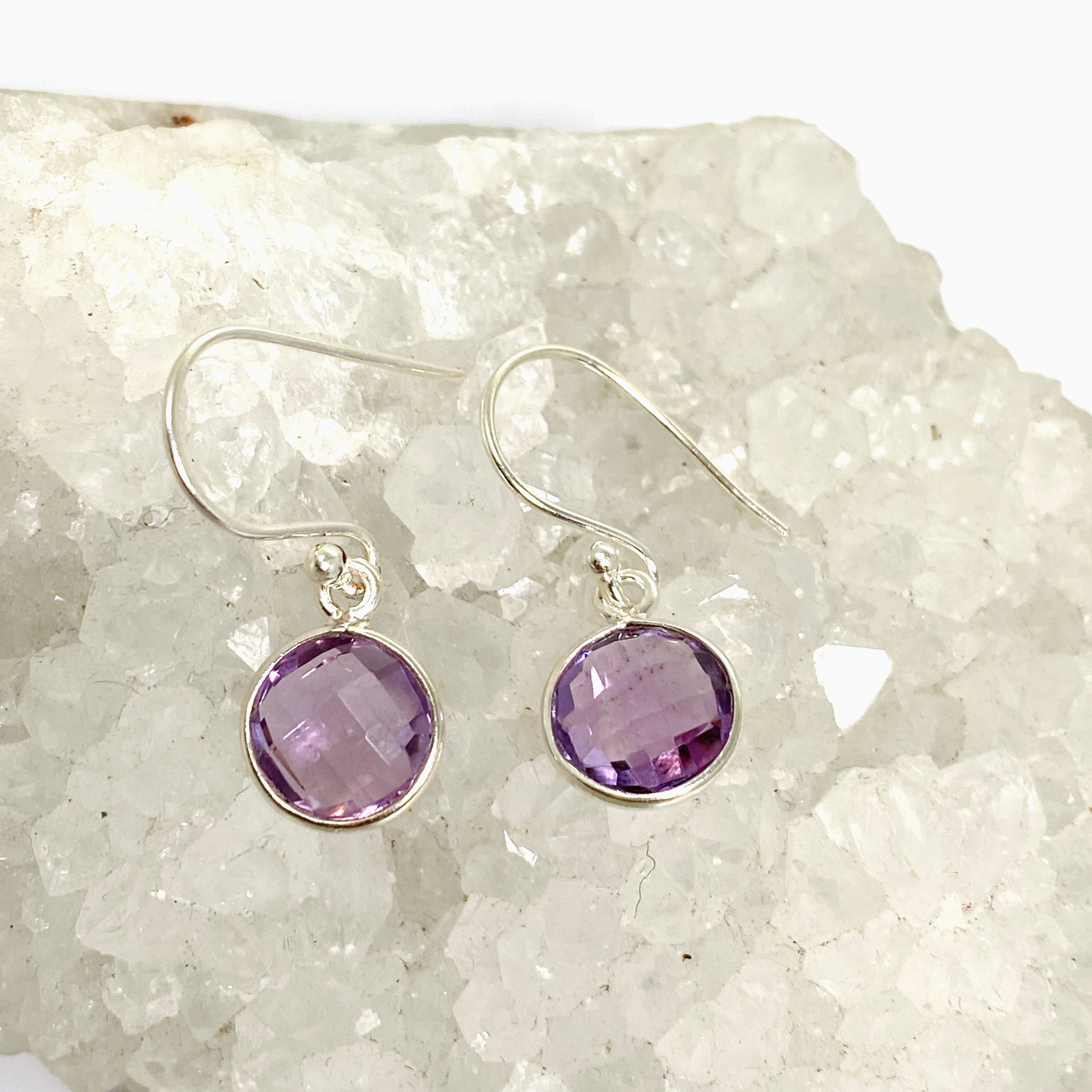 Amethyst Round Checkerboard Faceted Earrings for Women - Elegant Purple Gemstone Jewelry Gift for Birthday, Anniversary & Valentine's Day - Perfect for Parties, Weddings & Special Occasions