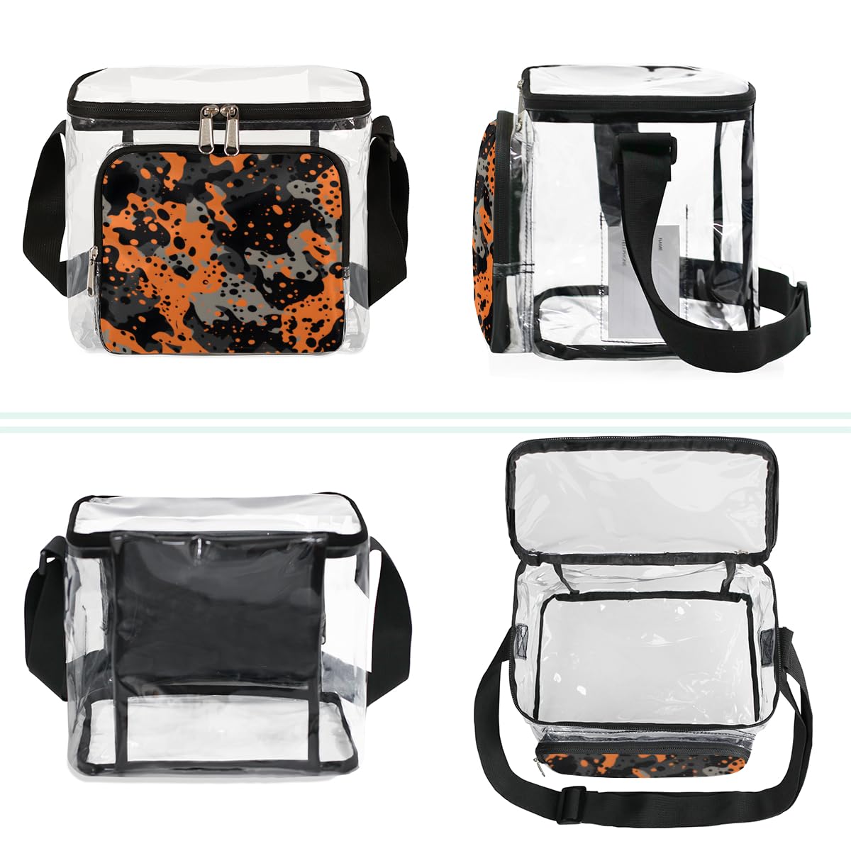 Military Camouflage Orange Black Clear Tote Bag with Handles - Transparent Crossbody Shoulder Bag for Outdoor, Travel, Picnic, Concerts & Sports Events - Stadium Approved Lunch Bag - Durable & Stylish for Camping, Beach & Shopping