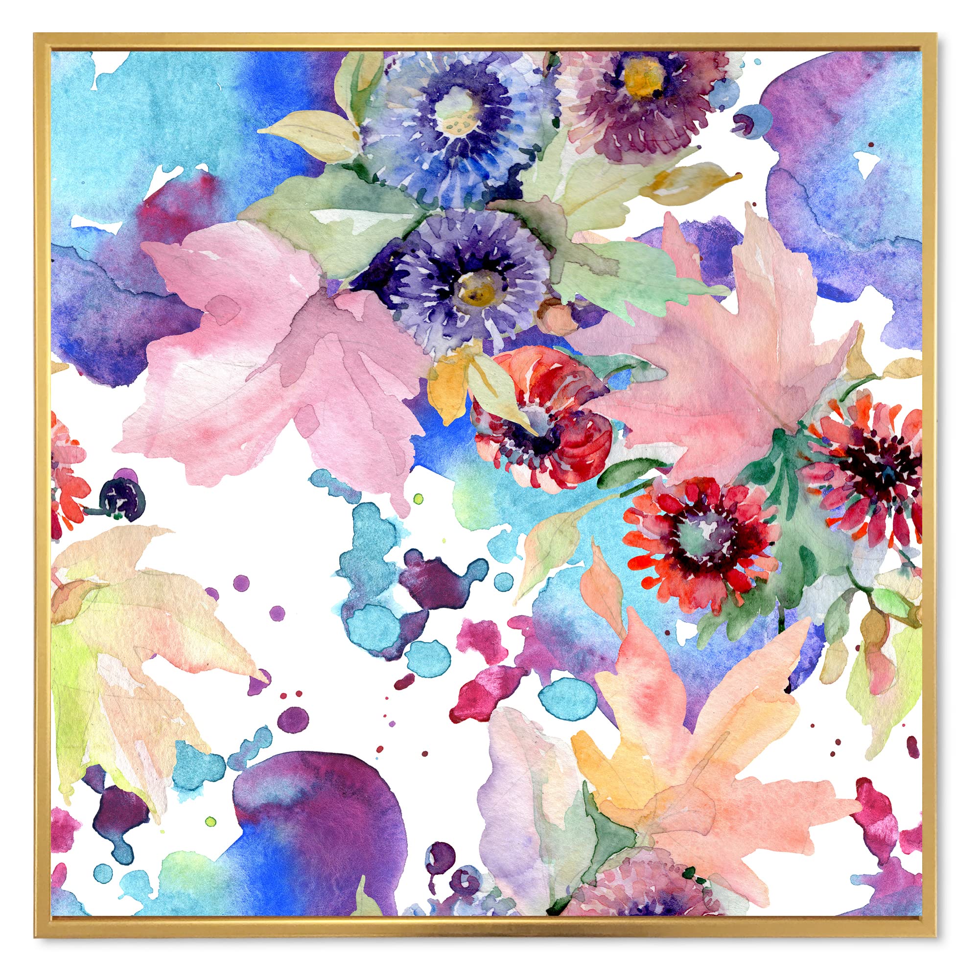 DesignQ Vibrant Wild Spring Leaves & Wildflowers VIII - Modern Framed Canvas Wall Art Print for Living Room, Bedroom Decor | Nature-Inspired Home & Office Wall Decor