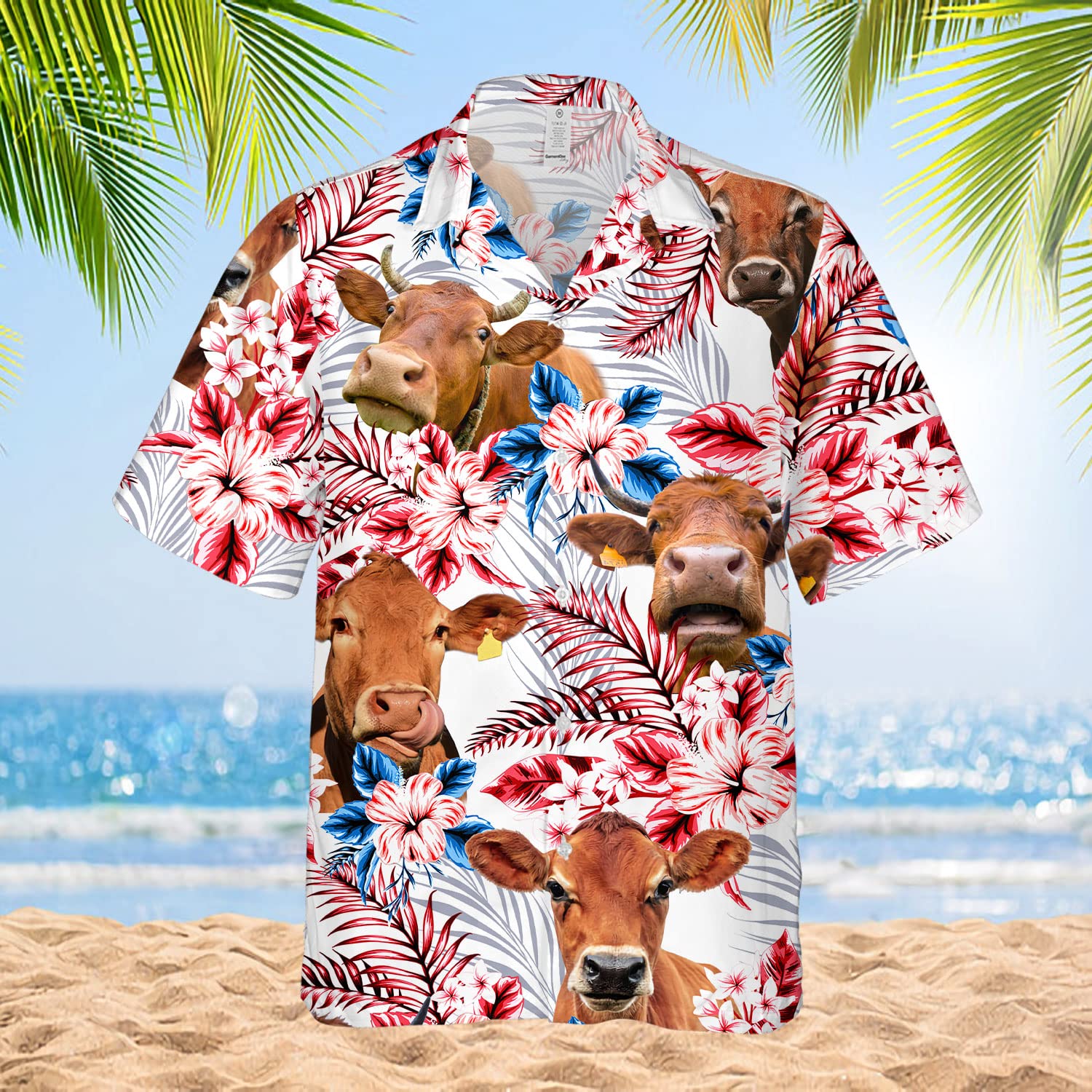PIGO Cow Print Hawaiian Shirts for Men - Tropical Cow Button Down Shirt with US Flag Design - Short Sleeve Casual Shirt for Beach, Summer Vacation & Luau Parties