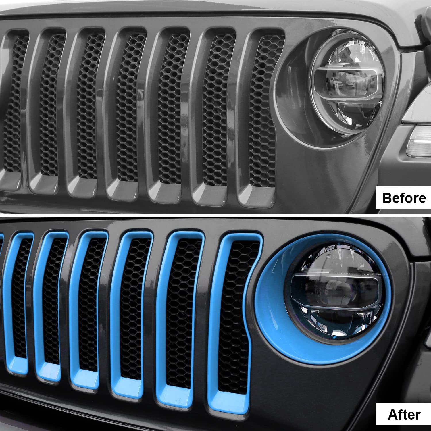 CheroCar JL Mesh Grille Insert & Headlight Turn Signal Cover Trim - Exterior Accessories for Jeep Wrangler JL (2018-2022) - Light Blue | Off-Road Style Upgrade & Customization