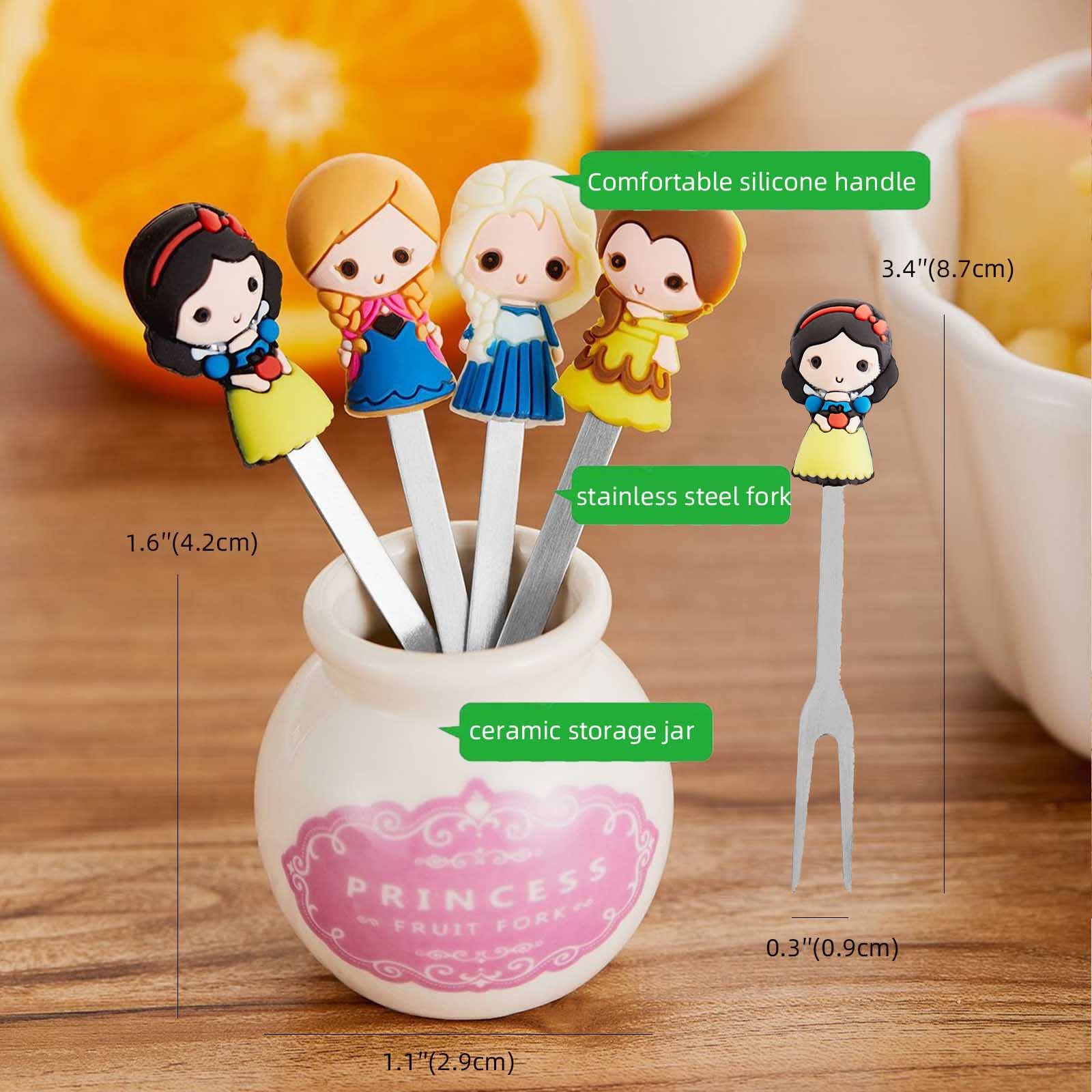 6-Piece Stainless Steel Fruit Forks Set with Holder - Cute Fairy Princess Design for Kids, Party, Picnic & Home Kitchen Use