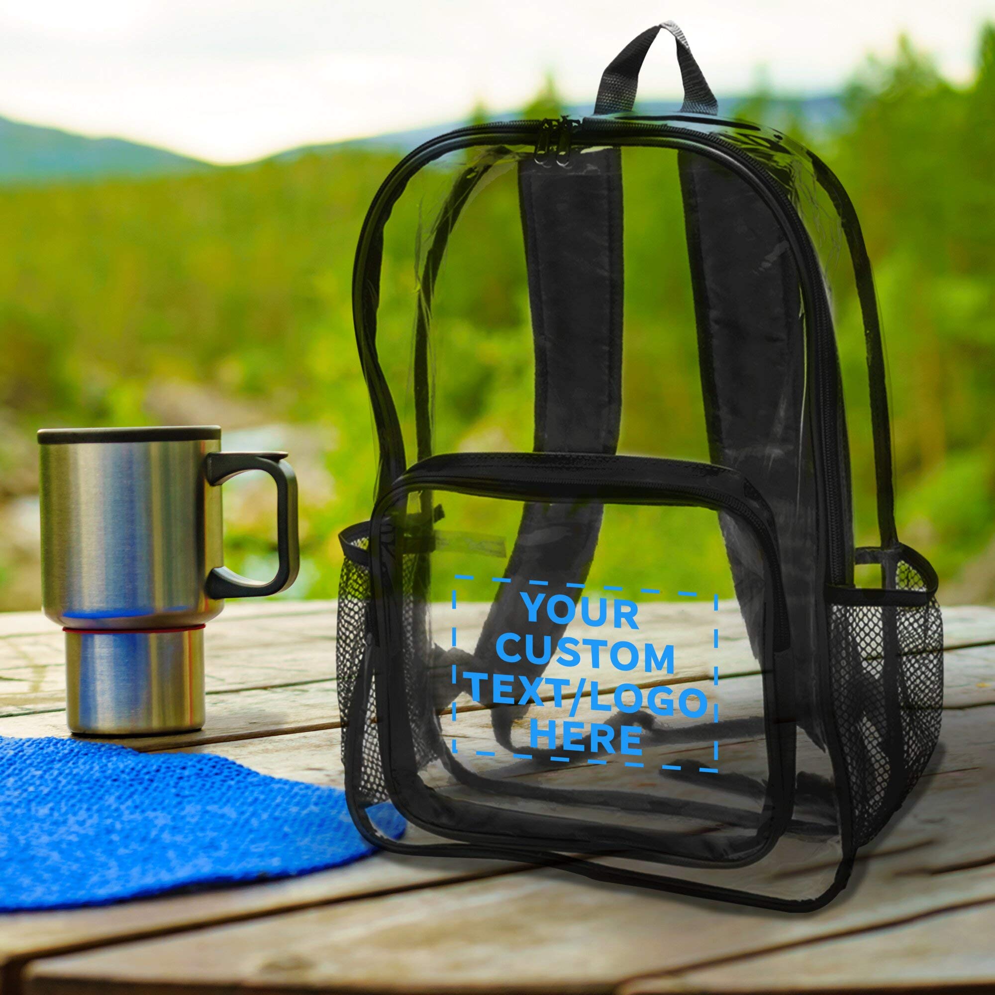 Custom Heavy Duty Clear PVC Backpacks - Set of 24 Bulk Pack, Water Resistant & Durable for Travel, School, Events & Security Use - Clear/Black Options Available