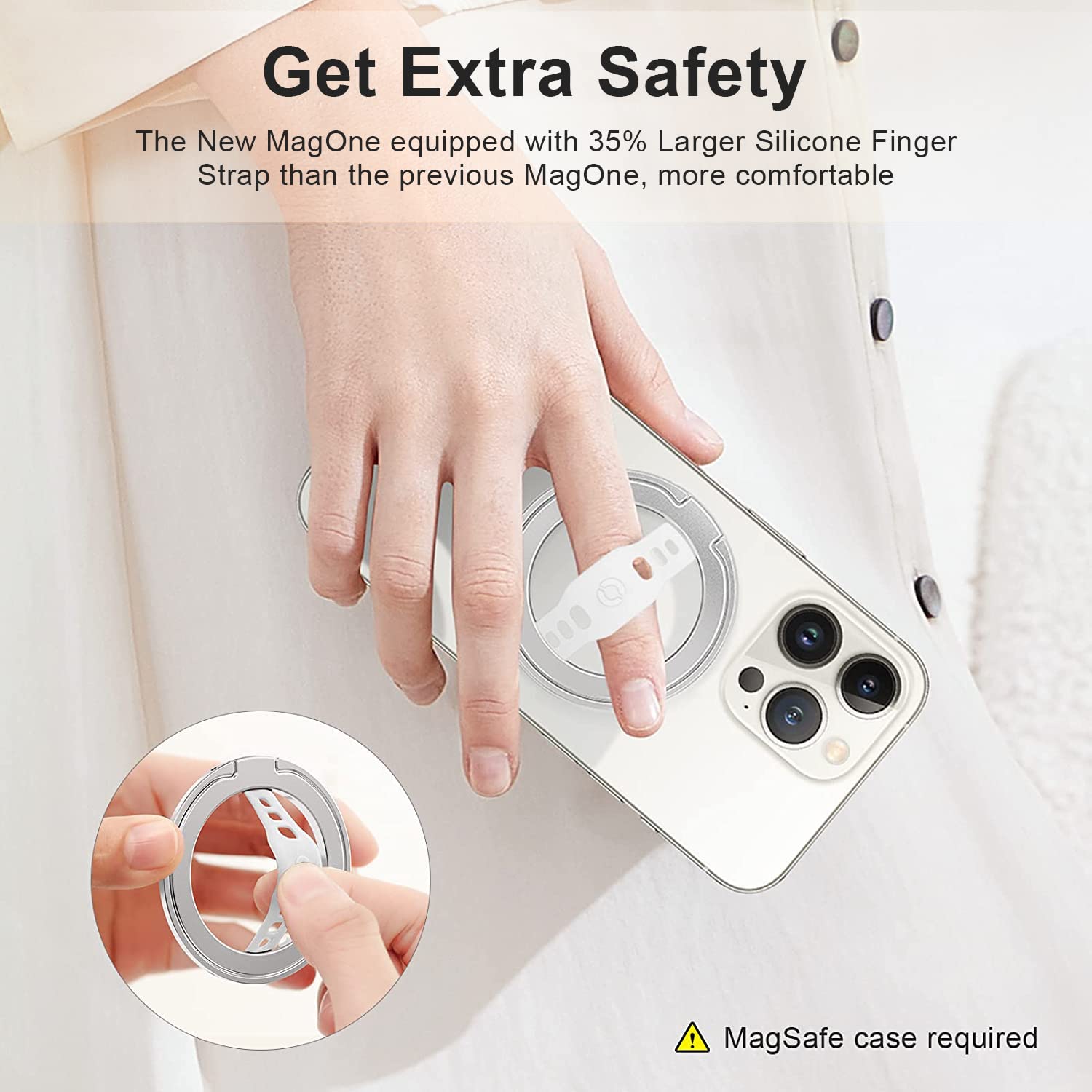 EWA MagOne Upgrade: MagSafe Phone Grip Stand with Silicone Finger Strap, Removable Magnetic Ring Holder & Kickstand Loop for iPhone 15, 14, 13 Pro/Max/Plus (Silver) - Perfect for Travel, Work & Everyday Use