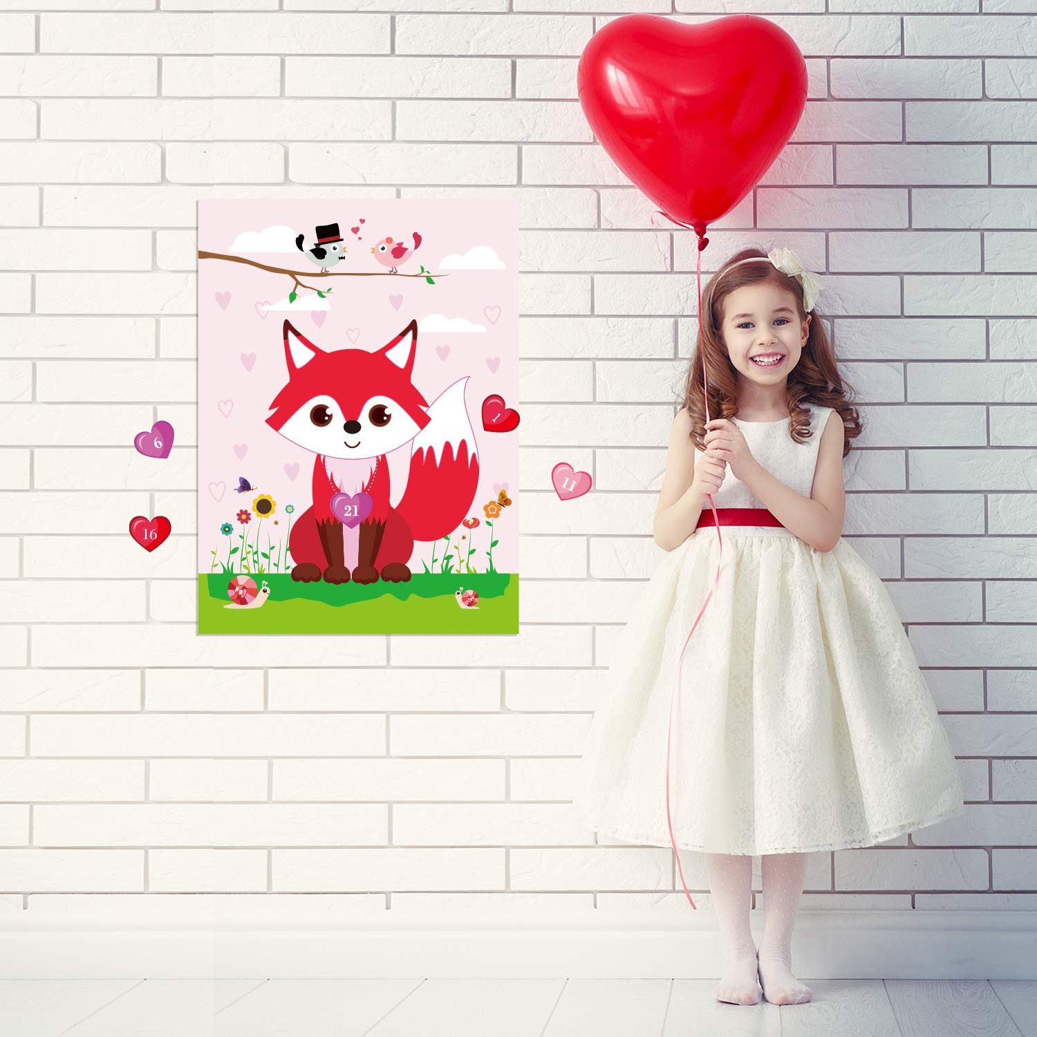 FEPITO Pin The Heart on The Fox Valentine's Day Game - 24Pcs Heart Stickers for Kids Valentine Party Supplies, Birthday Party Decorations - Fun Valentine's Day & Birthday Party Activities for Kids