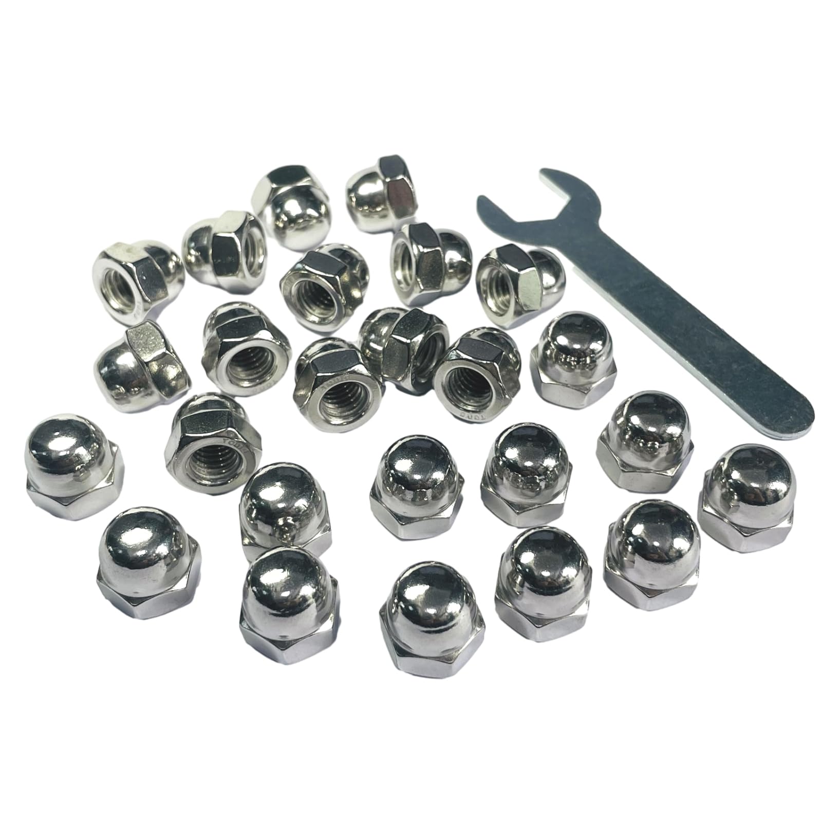 25pcs 3/8-16 Acorn Cap Nuts, 304 Stainless Steel Dome Head Hex Nuts with Bright Finish - Heavy Duty Hardware for Automotive, Machinery & DIY Projects - Includes Open End Wrench for Easy Installation