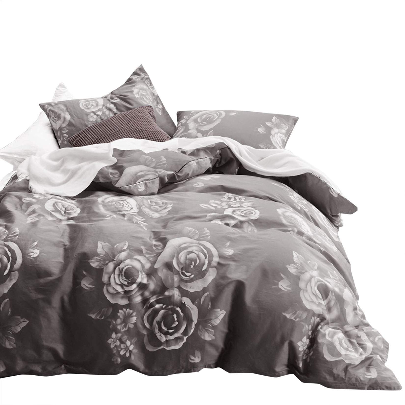 Wake In Cloud - 100% Cotton Vintage Rose Floral Comforter Set, Shabby Chic Cottagecore Bedding (3-Piece, King Size, Gray) for Cozy Bedroom & Guest Room Decor