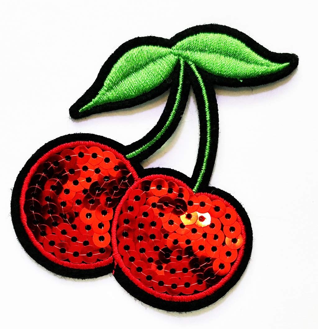 Cute Red Cherry Green Leaf Sequins Cartoon Kids Embroidery Applique Patch - DIY Sew On Iron On Patches for Clothing, Crafts, Bags & Accessories - Perfect for DIY Fashion, Costumes & Upcycling Projects