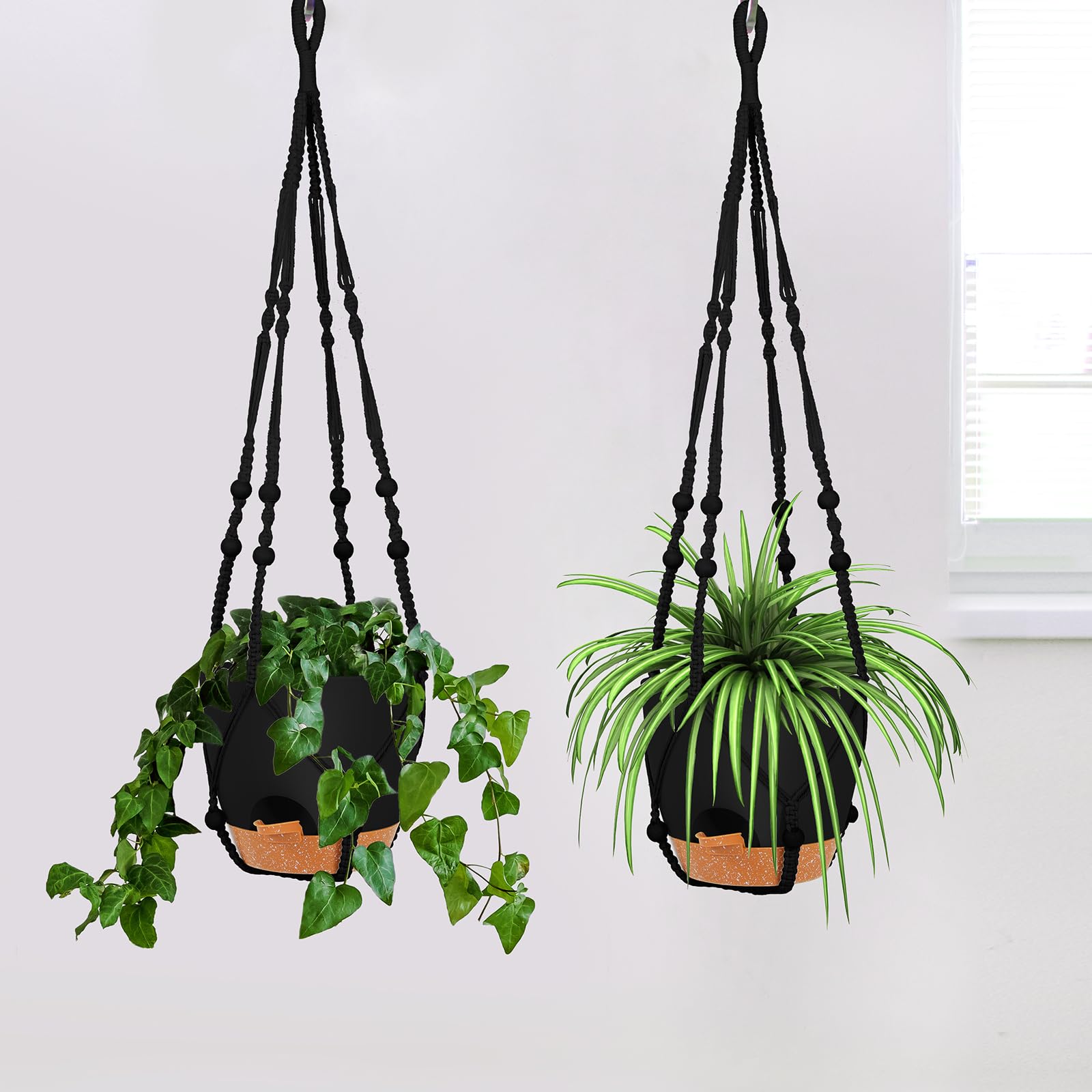 GARDIFE 8 Inch Self Watering Hanging Planters with Macrame Hanger - 2 Pack Large Indoor Outdoor Flower Pots with Drainage Hole & Basket - Perfect for Home Decor, Balcony, Garden, and Patio Plants (Black)