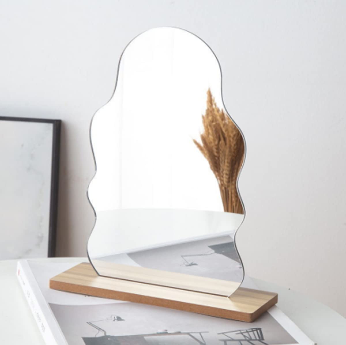 Full-Length Standing Mirror with Wooden Base - Acrylic Makeup Vanity Mirror for Bedroom, Living Room & Office - Perfect for Dressing, Home Decor and Selfie Background