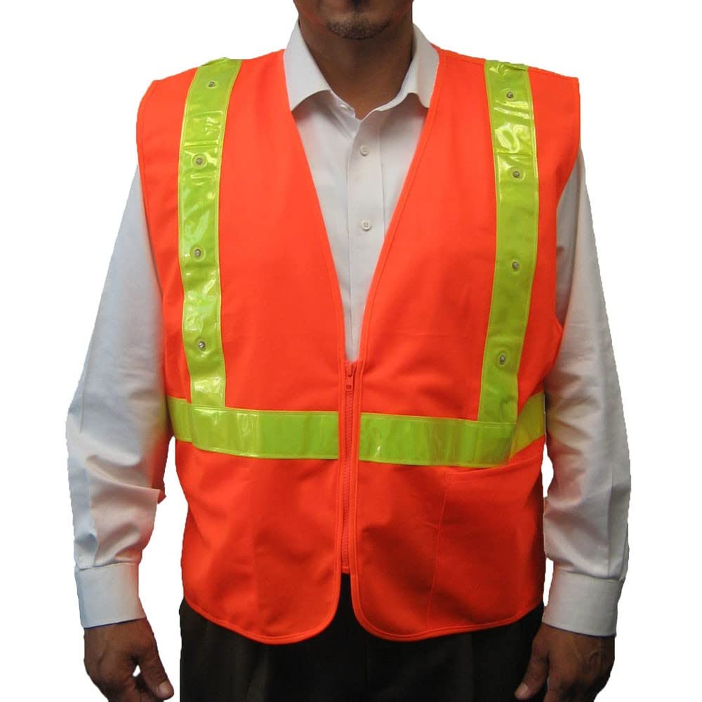 3C SV-LED-2270 ANSI Class 2 High Visibility LED Safety Vest with Yellow PVC Reflective Strips, Zipper & Pockets - 10 Pack Neon Orange for Construction Workers, Road Crews & Nighttime Safety