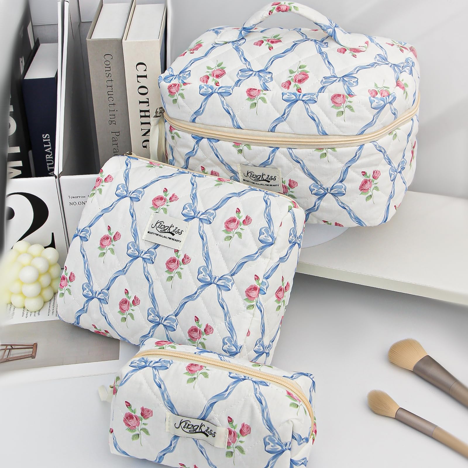 KingKiss 3-Piece Quilted Floral Makeup Bag Set - Large Capacity Travel Cosmetic Organizer for Women & Girls (Blue) | Perfect for Travel, Gym, Daily Use & Gift Giving