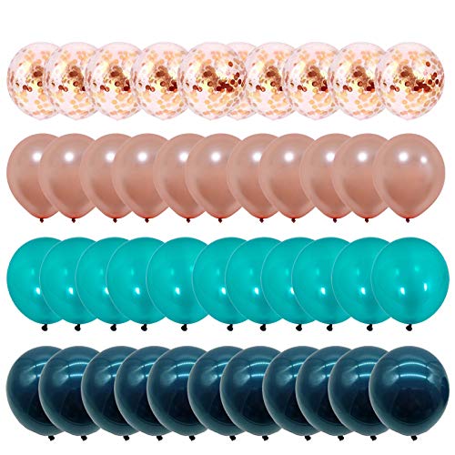 48Pcs 12 Inch Teal & Rose Gold Confetti Balloons - Premium Party Decorations for Birthday, Wedding, Engagement, Graduation - Perfect for Indoor & Outdoor Celebrations, Photo Backdrops & Event Styling