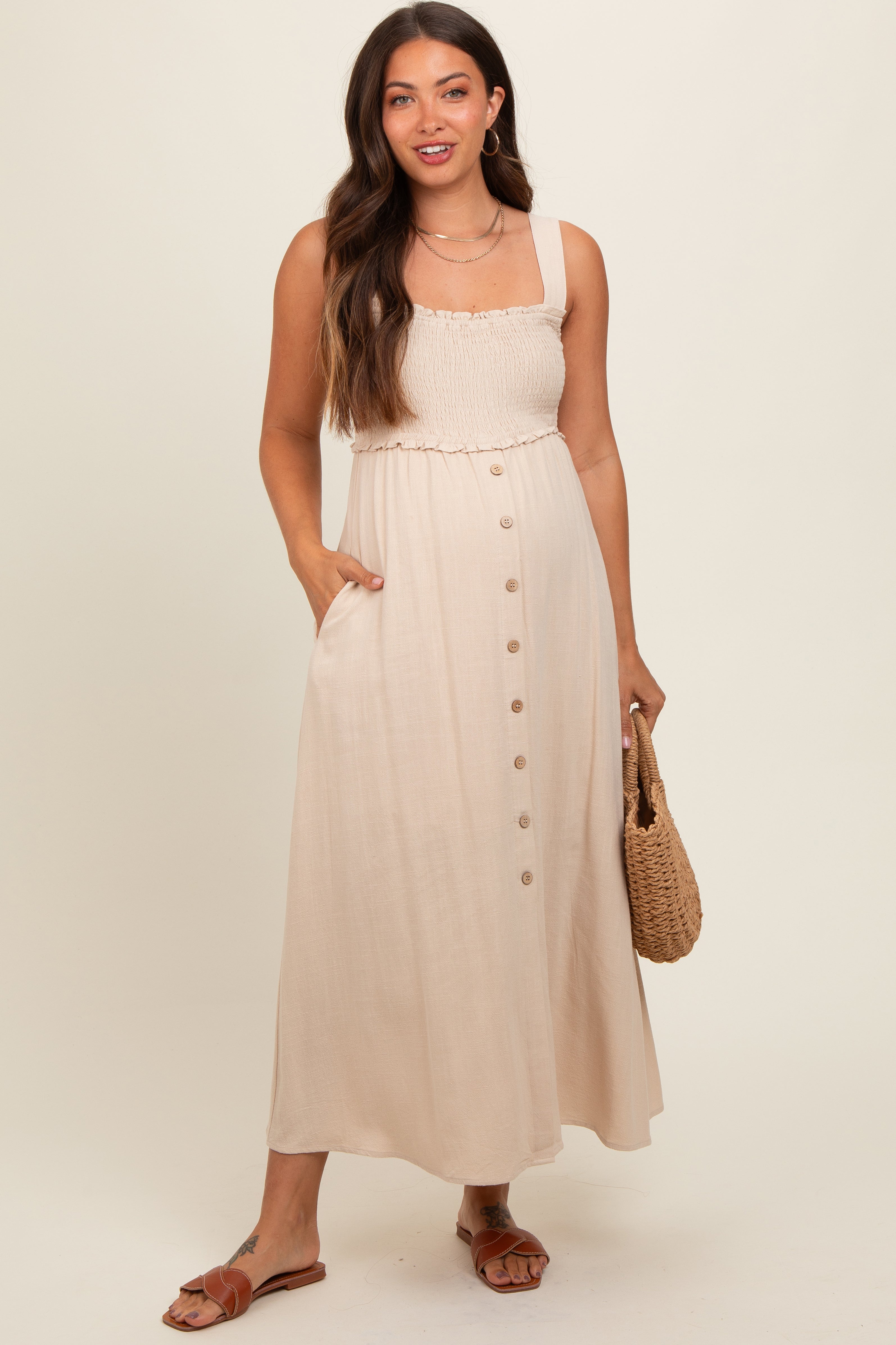 Beige Button Down Smocked Maternity Dress for Pregnancy - Comfortable Nursing Dress for Women, Perfect for Baby Showers, Maternity Photos & Everyday Wear