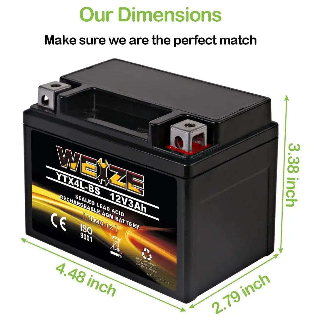 WEIZE YTX4L-BS 12V 3Ah High Performance AGM Sealed Motorcycle Battery - Compatible with Polaris Scrambler, Sportsman 90, Honda NQ50 Spree, Kawasaki 110, Can-Am DS70, Yamaha TTR125E/LE - Perfect for ATVs, Scooters & Dirt Bikes - Maintenance-Free & Long-Lasting Power Solution