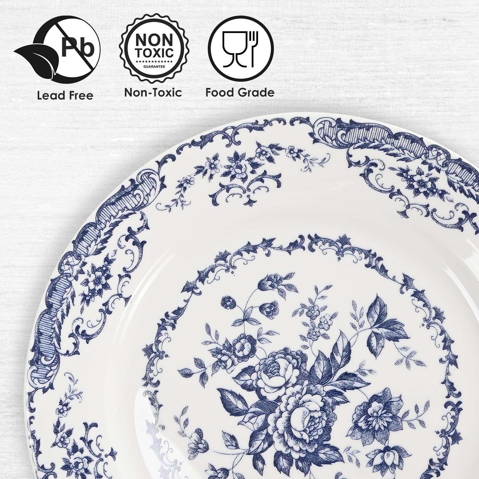 6-Piece White Ceramic Dinner Plates Set - 10.5 Inch Microwave Safe Porcelain Plates with Floral Blue Design for Everyday Dining & Entertaining
