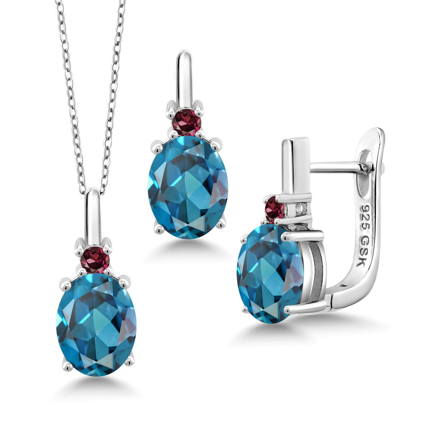5.49 Ct London Blue Topaz & Red Rhodolite Garnet 925 Sterling Silver Pendant & Earrings Jewelry Set - Gem Stone King - Elegant Gift for Anniversary, Birthday & Special Occasions