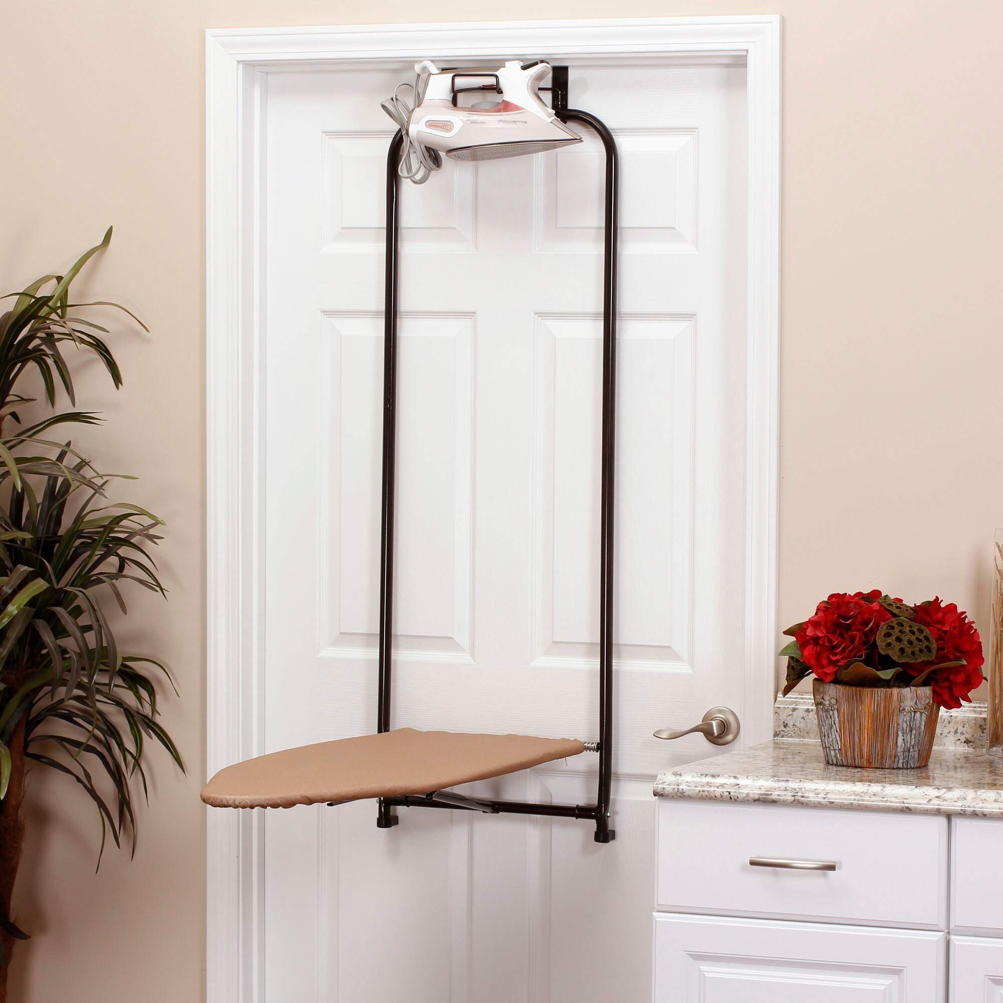 Over-The-Door Ironing Board Holder - Bronze Metal Folding Iron Stand for Clothes Steamer & Iron - Space Saving Storage Solution for Bedroom, Laundry Room or Closet