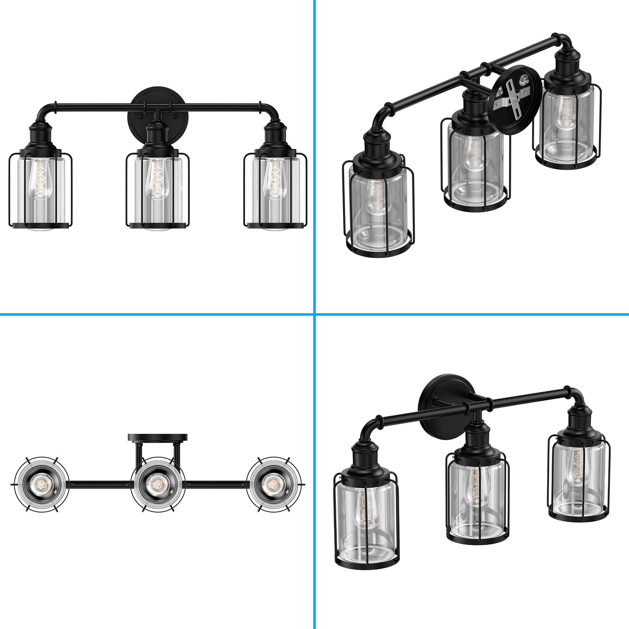 LED Vanity Light - 3-Light Matte Black Bathroom Mirror Lamp for Living Room & Bedroom