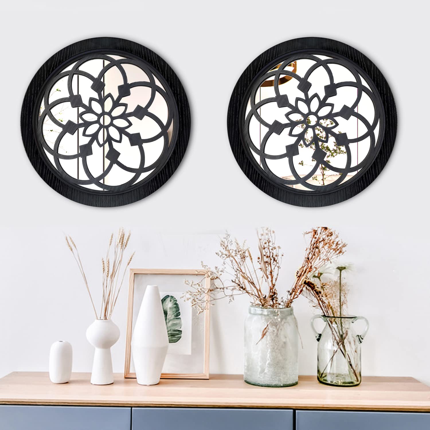 12 Inch Round Wall Mirror Set of 2 - Rustic Farmhouse Black Entry Mirror for Bathroom, Bedroom & Living Room Decor - Perfect for Home Renovation, Interior Design and Wall Accents
