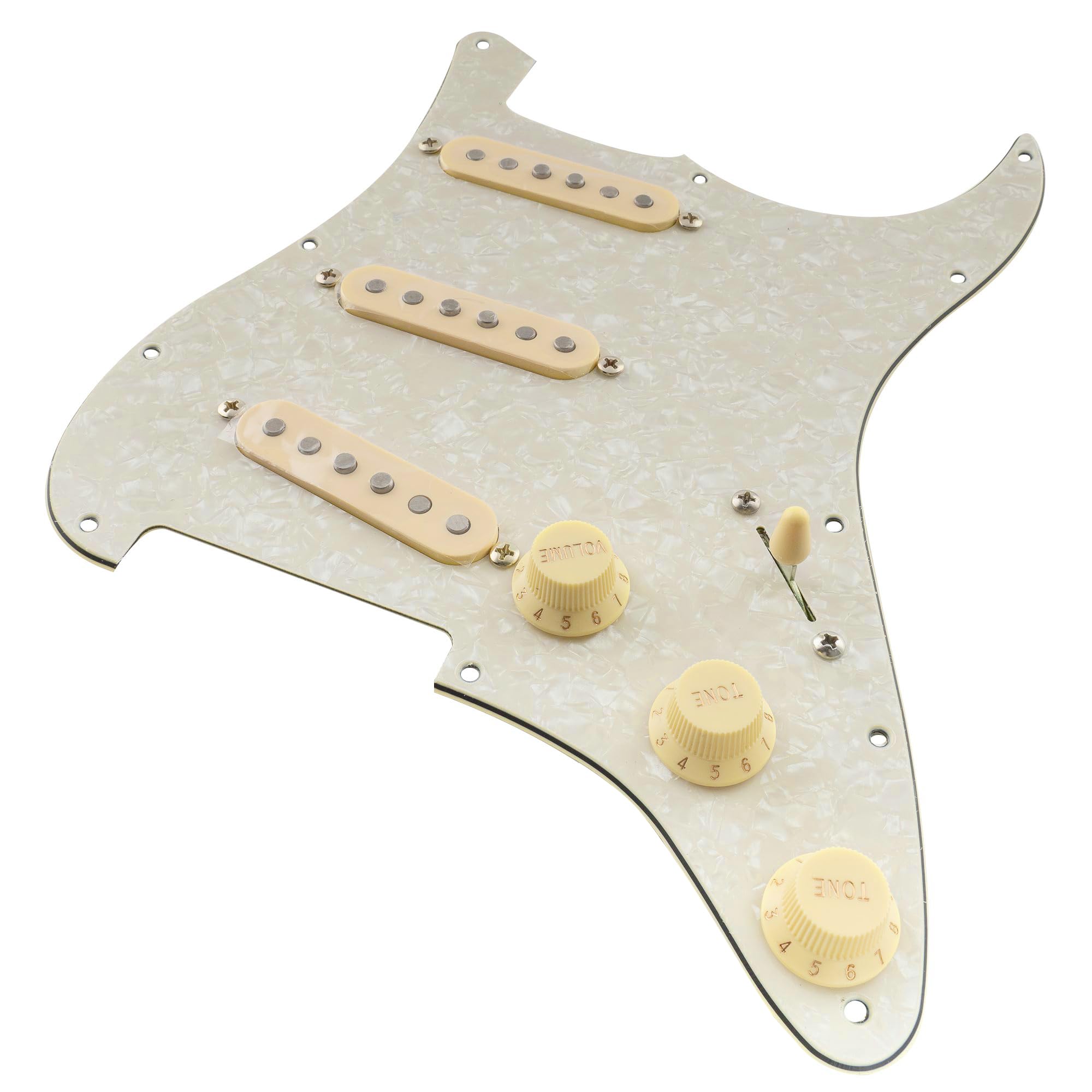 Musiclily Pro Pre-wired SSS Pickguard with Artec Alnico 5 Single Coil Pickups for ST Style Electric Guitar - 4-Ply Aged White Pearl | Perfect for Blues, Rock & Vintage Tone Upgrades