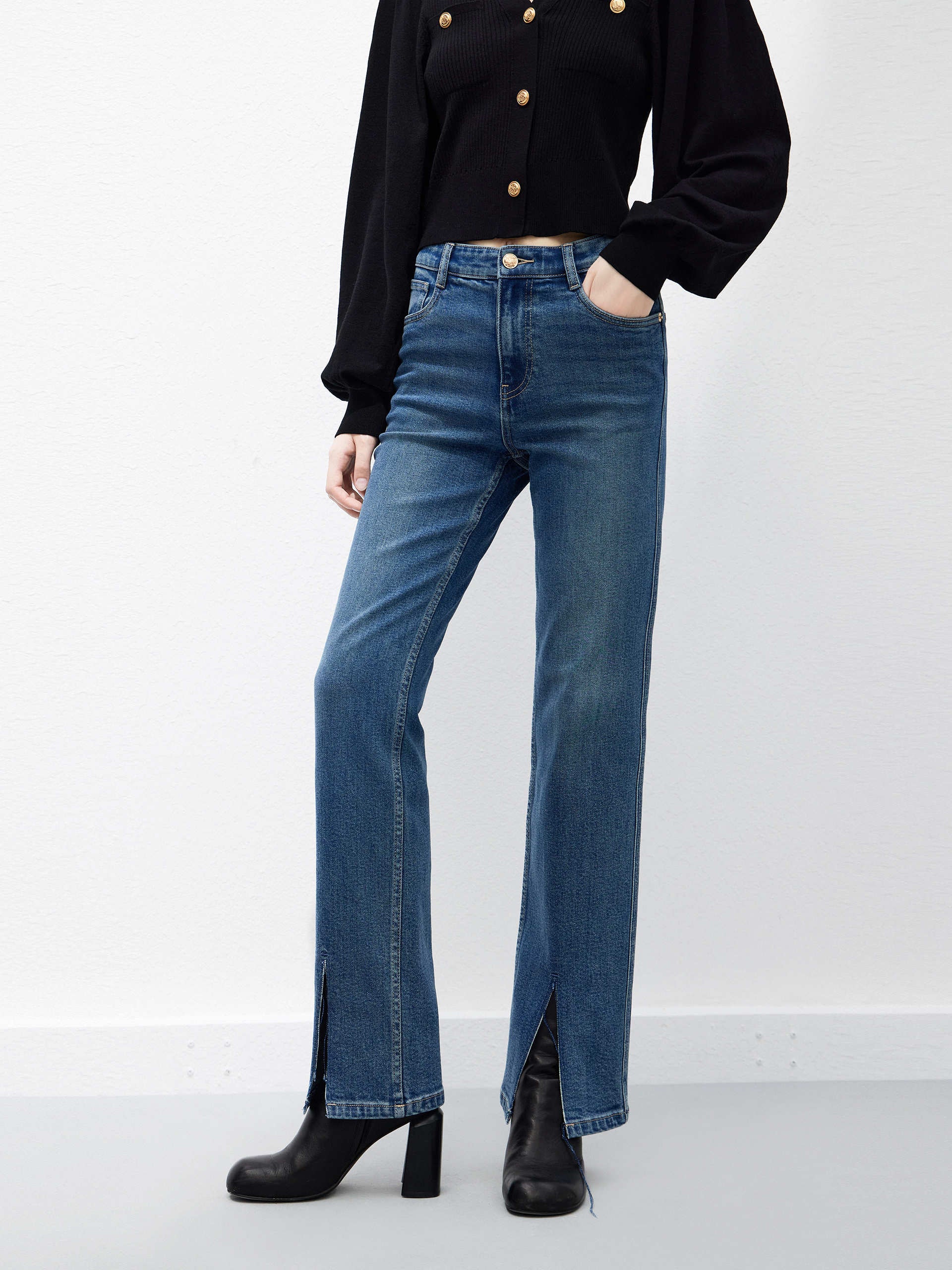 High Waist Front Slit Straight Leg Jeans for Women - Trendy Stretch Denim Pants for Casual Wear & Night Out