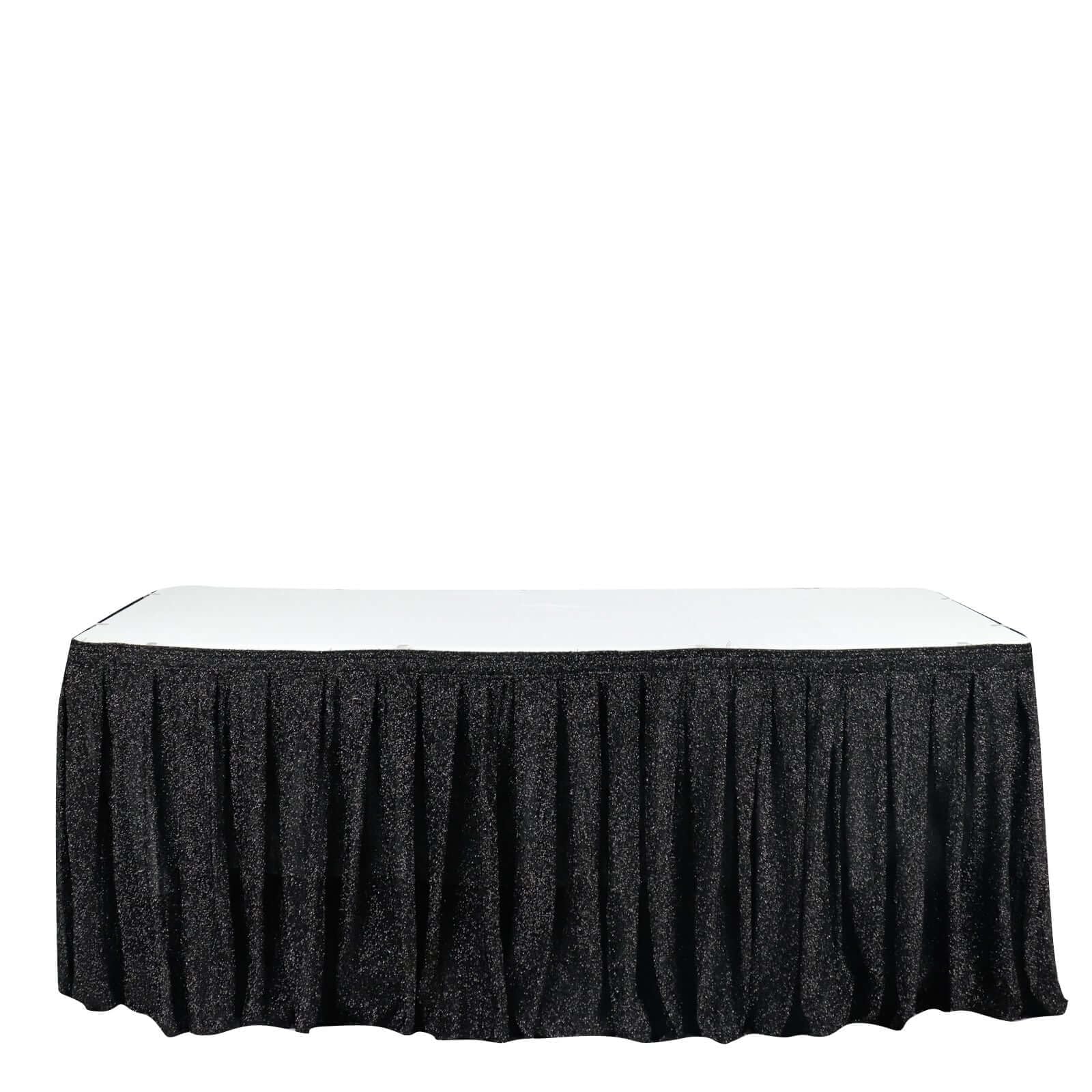 Efavormart 17ft Black Shiny Metallic Spandex Pleated Table Skirt - Glitter Semi-Sheer Table Cover with Top Strip for Wedding, Banquet, Party Decor & Event Table Setting (Dining, Catering, Bridal Shower, Birthday)