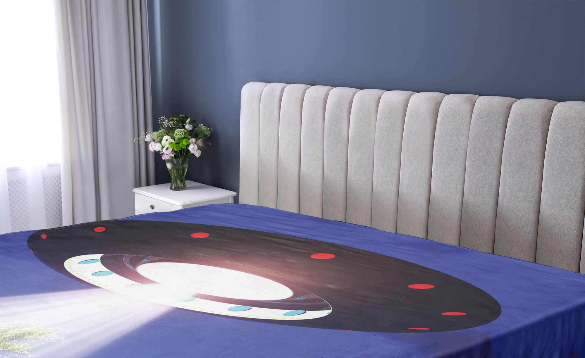 Ambesonne UFO Fitted Queen Sheet - Sci-Fi Alien Space Travel & Woodland Night Scene Design - Deep Pocket Elastic All Around for Comfort - Perfect for Themed Bedrooms, Dorm Rooms & Space Enthusiasts