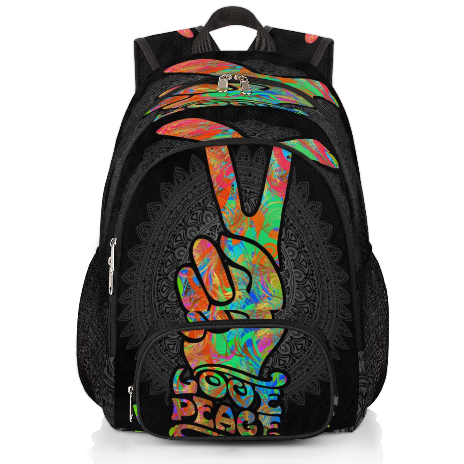 Hippie Style Peace Love Sign Backpack for School & College - Cute Travel Bookbag with Chest Strap for Girls & Boys | Perfect for Daily Use, Campus Life & Outdoor Adventures