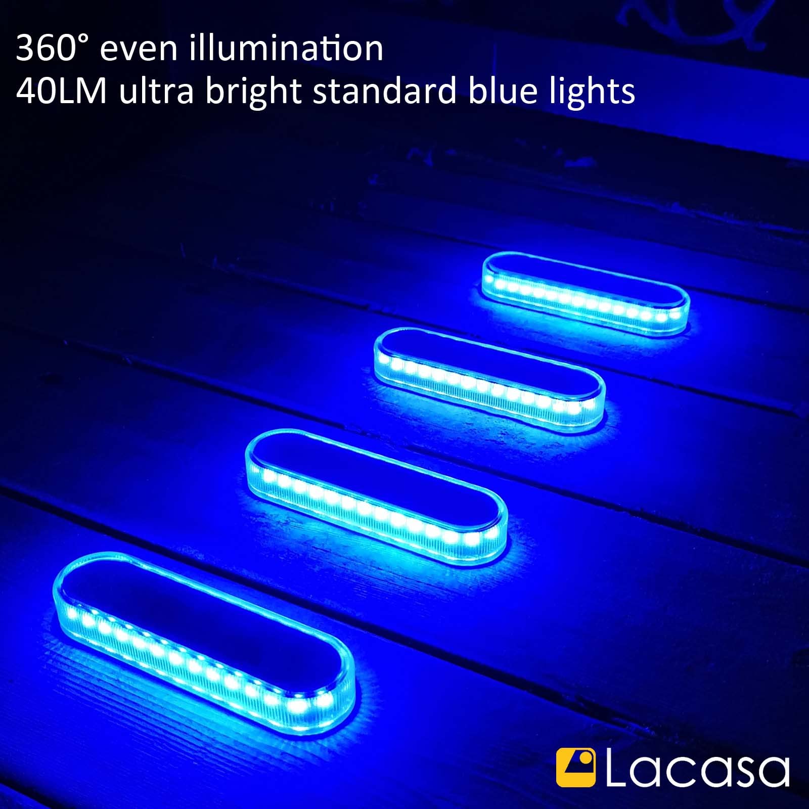 Lacasa Solar Deck Lights 4 Pack - 40LM Waterproof LED Outdoor Step Lights for Garden, Stairs, Driveway & Pathway - IP68 Auto ON/Off Solar Powered Blue Lighting (Perfect for Landscape, Dock & In-Ground Installation)