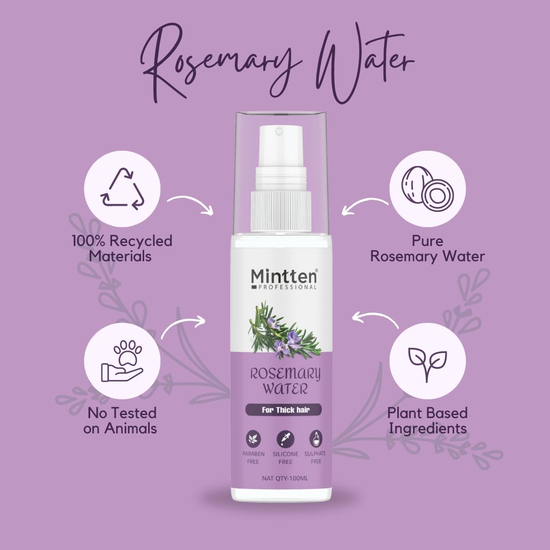 Mintten Rosemary Water Spray for Hair Detangling & Growth - 100ml Natural Hair Mist for Frizz Control & Scalp Care - Perfect for Daily Use, Travel & Salon Styling
