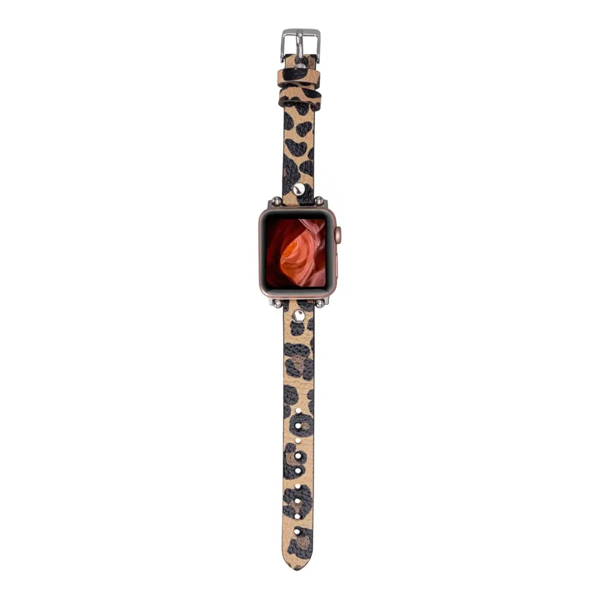 Leopard Print Genuine Leather Ultra Slim Apple Watch Band with Silver Rivets - Stylish & Durable Replacement Strap for Workouts, Office & Everyday Wear