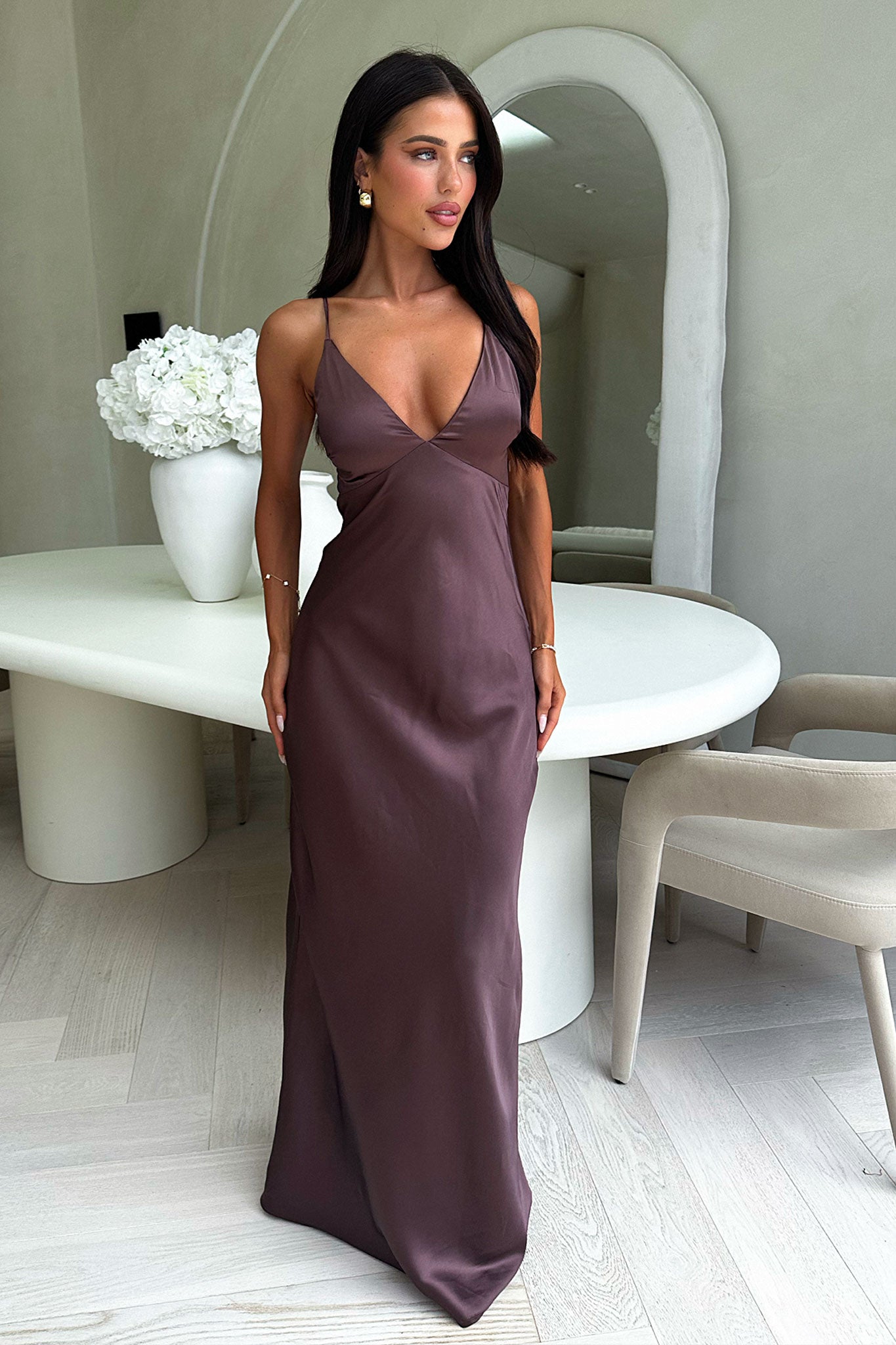 Gilbert V-Neck Satin Maxi Dress in Brown | Elegant Formal Evening Gown for Weddings, Parties & Special Occasions