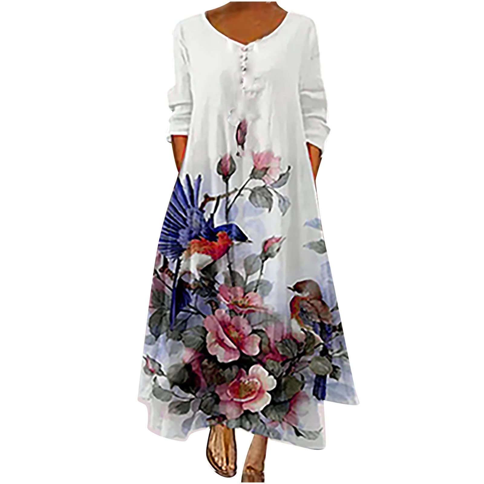Elegant Floral Print V-Neck Long Sleeve Maxi Dress for Women - Boho Chic Casual Dress with Asymmetrical Hem - Perfect for Date Nights, Parties & Special Occasions