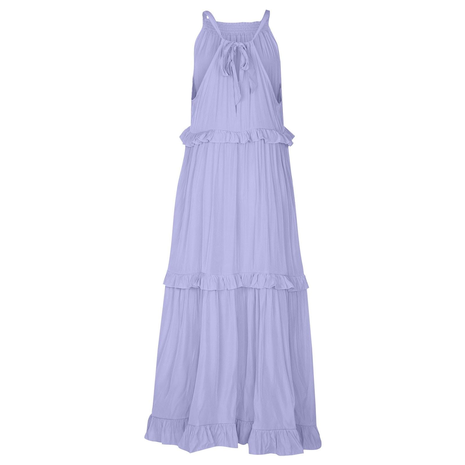 Women's Halter Neck Smocked Tiered Maxi Dress - Flowy Swing Summer Cocktail & Wedding Guest Dress with Pockets | Beach Vacation, Garden Party, Formal Events