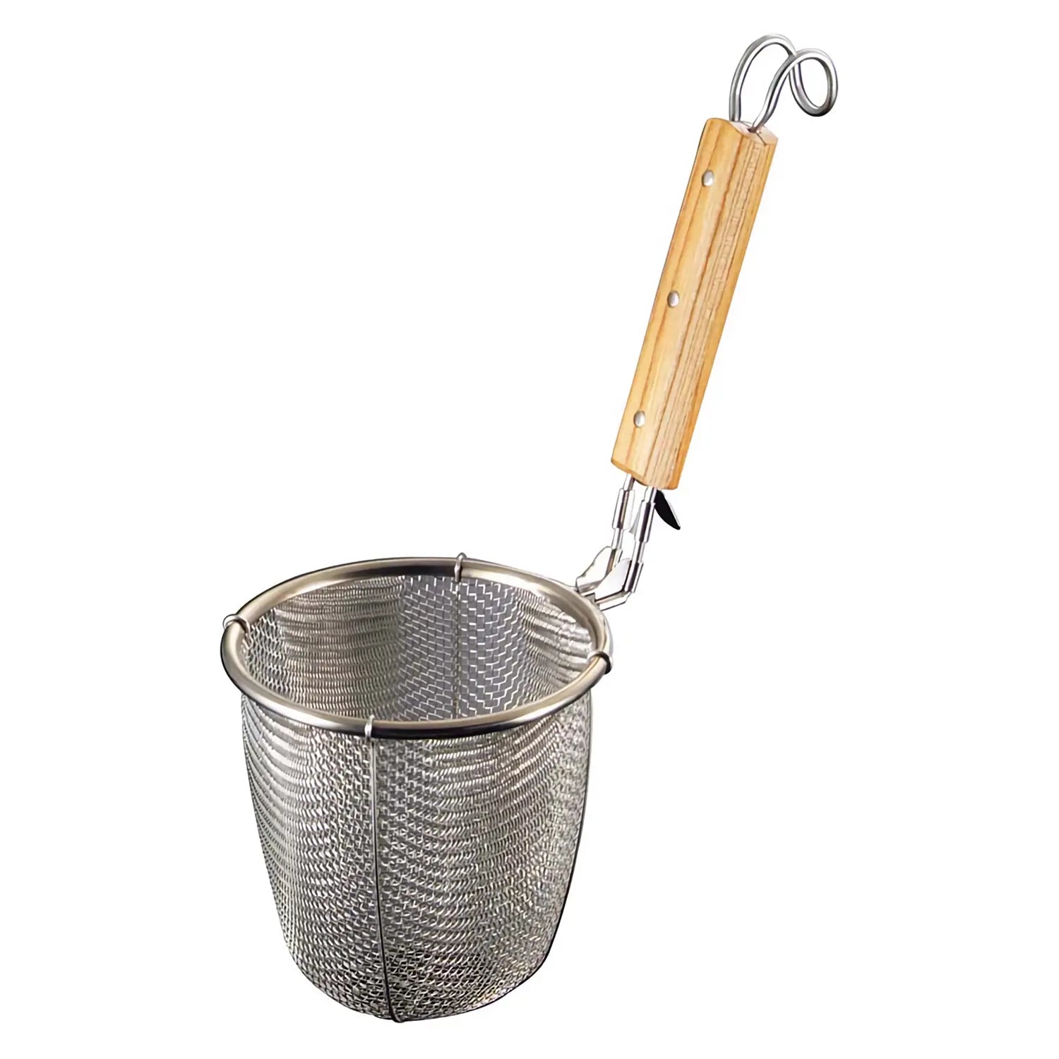 Premium Stainless Steel Udon & Tebo Noodle Strainer with Wooden Handle - Round Base Design for Japanese & Asian Cuisine - Perfect for Ramen, Soba, and Pasta Draining in Home Kitchens & Restaurants